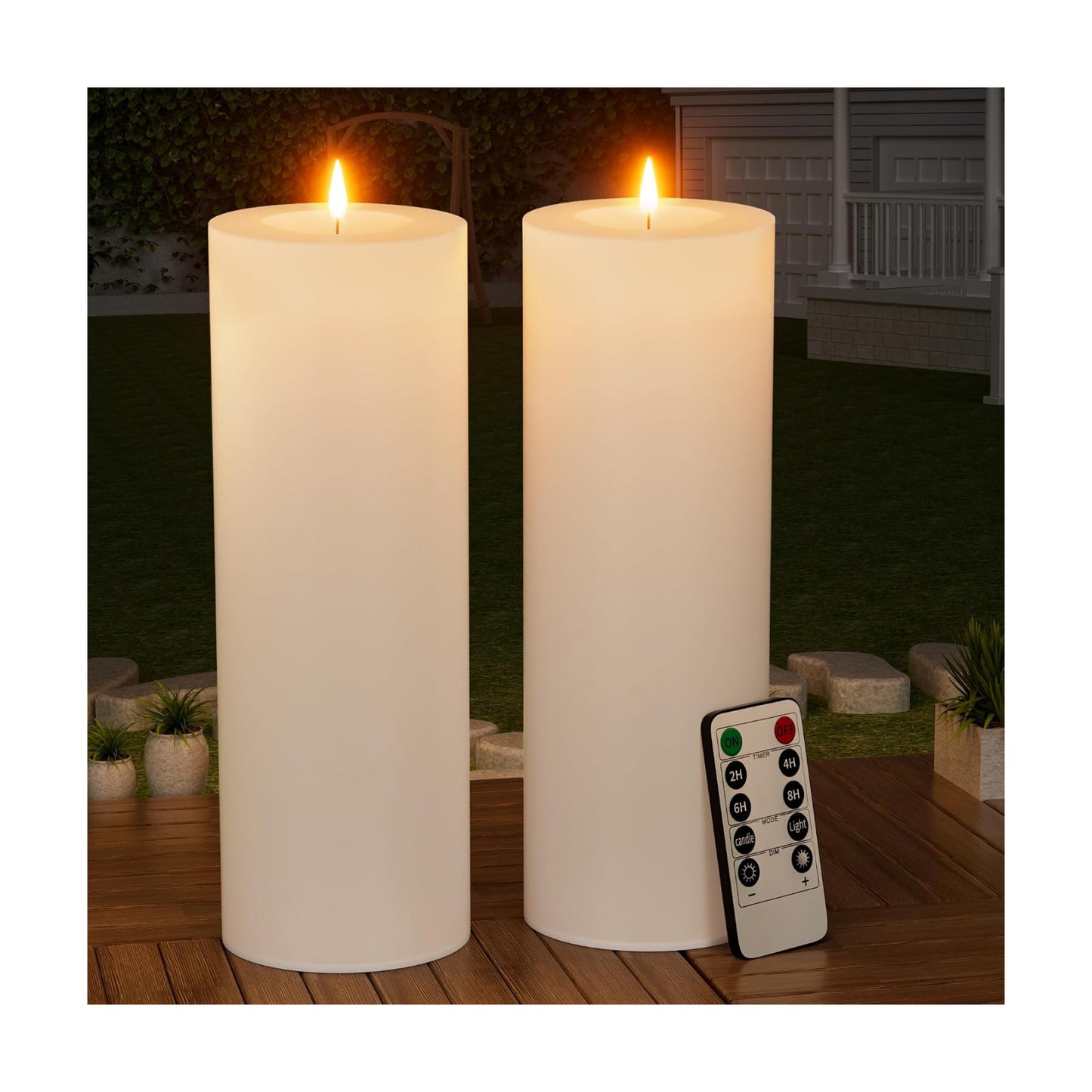 12" x 4" Large Outdoor Candle with Remote Timer Waterproof White 2 Pack | Battery Operated Flameless Pillar Candle