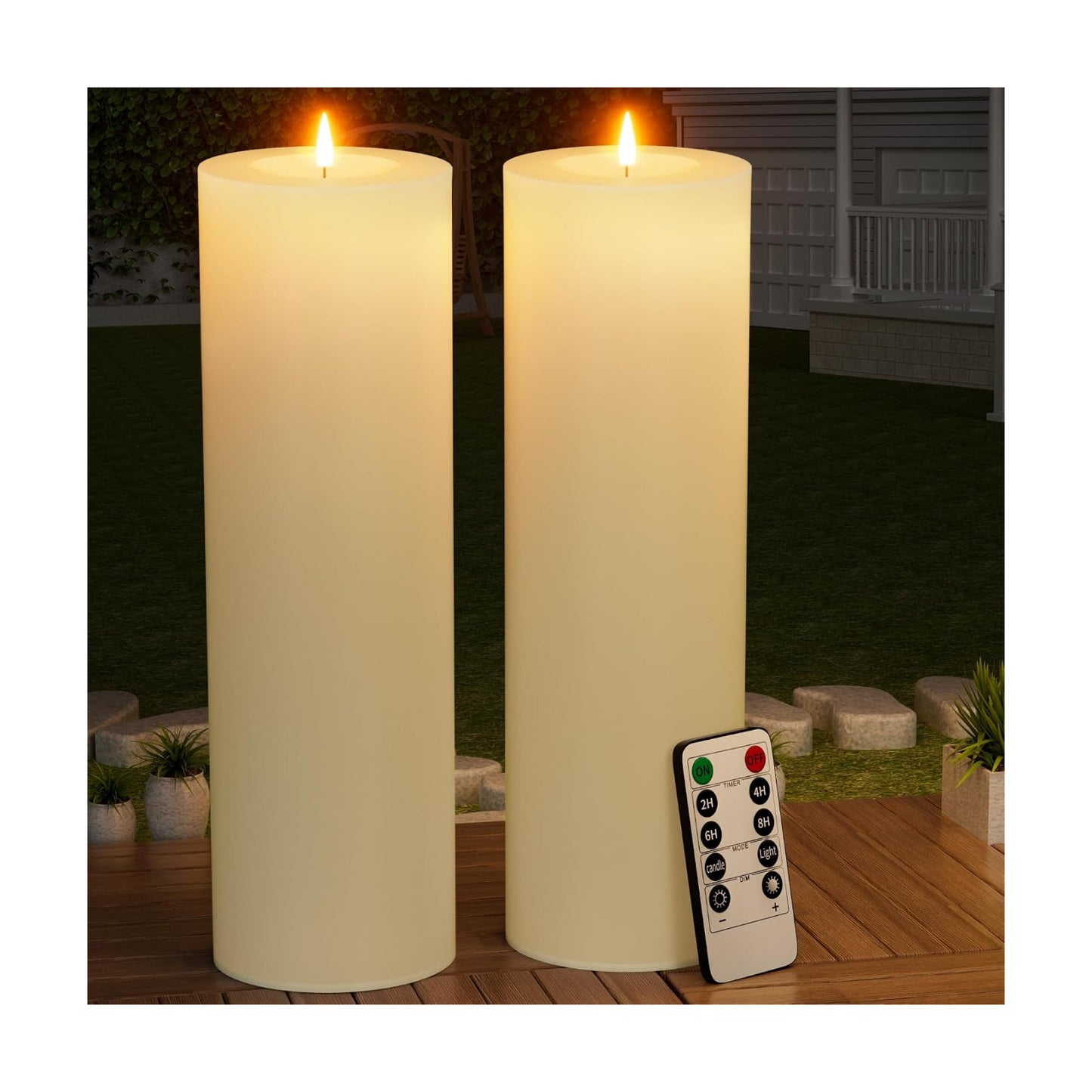 BUTHY 14"x4" Large Outdoor Candle with Remote Timer Waterproof Ivory 2 Pack | Battery Operated Flameless Pillar Candle