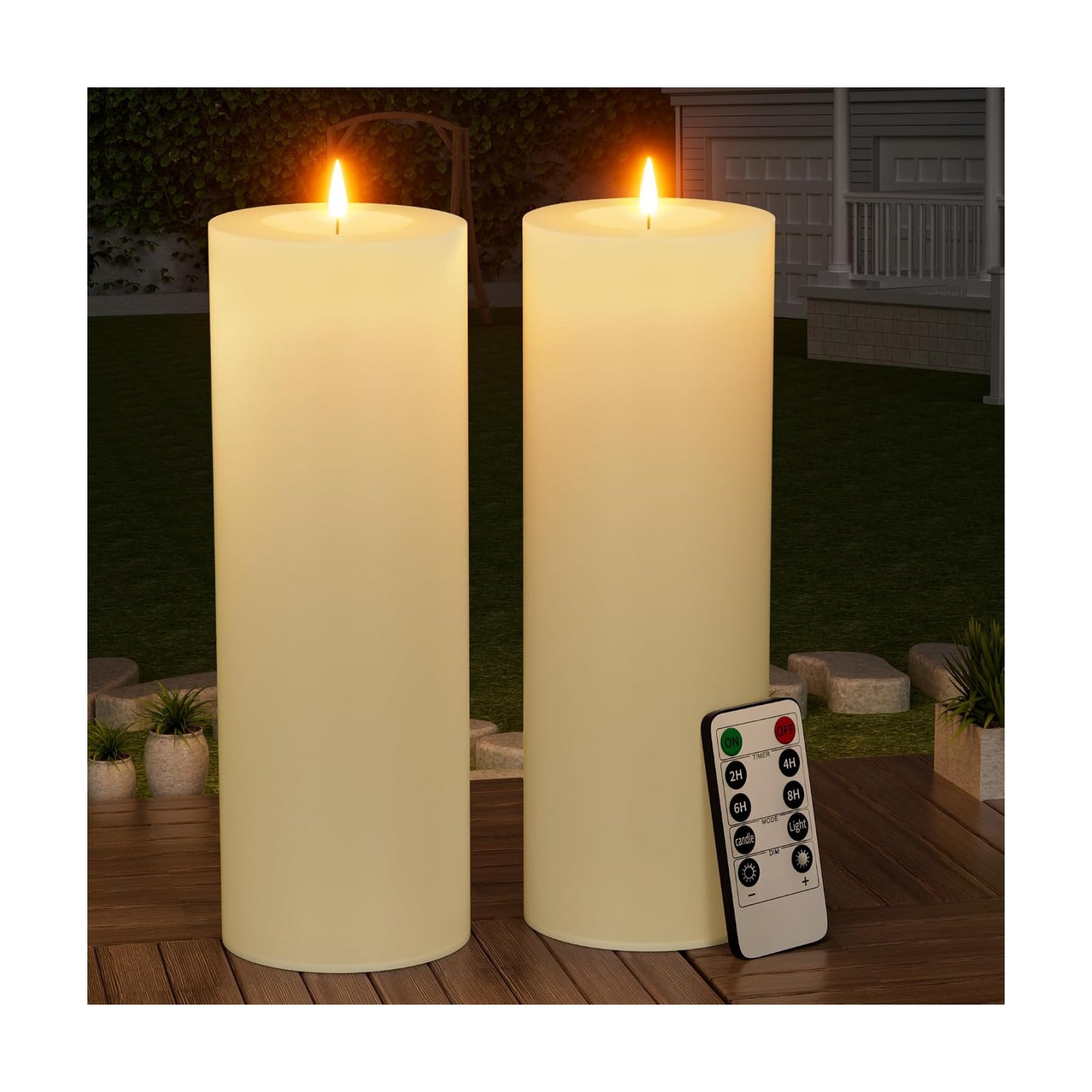 12" x 4" Large Outdoor Candle with Remote Timer Waterproof Ivory 2 Pack | Battery Operated Flameless Pillar Candle