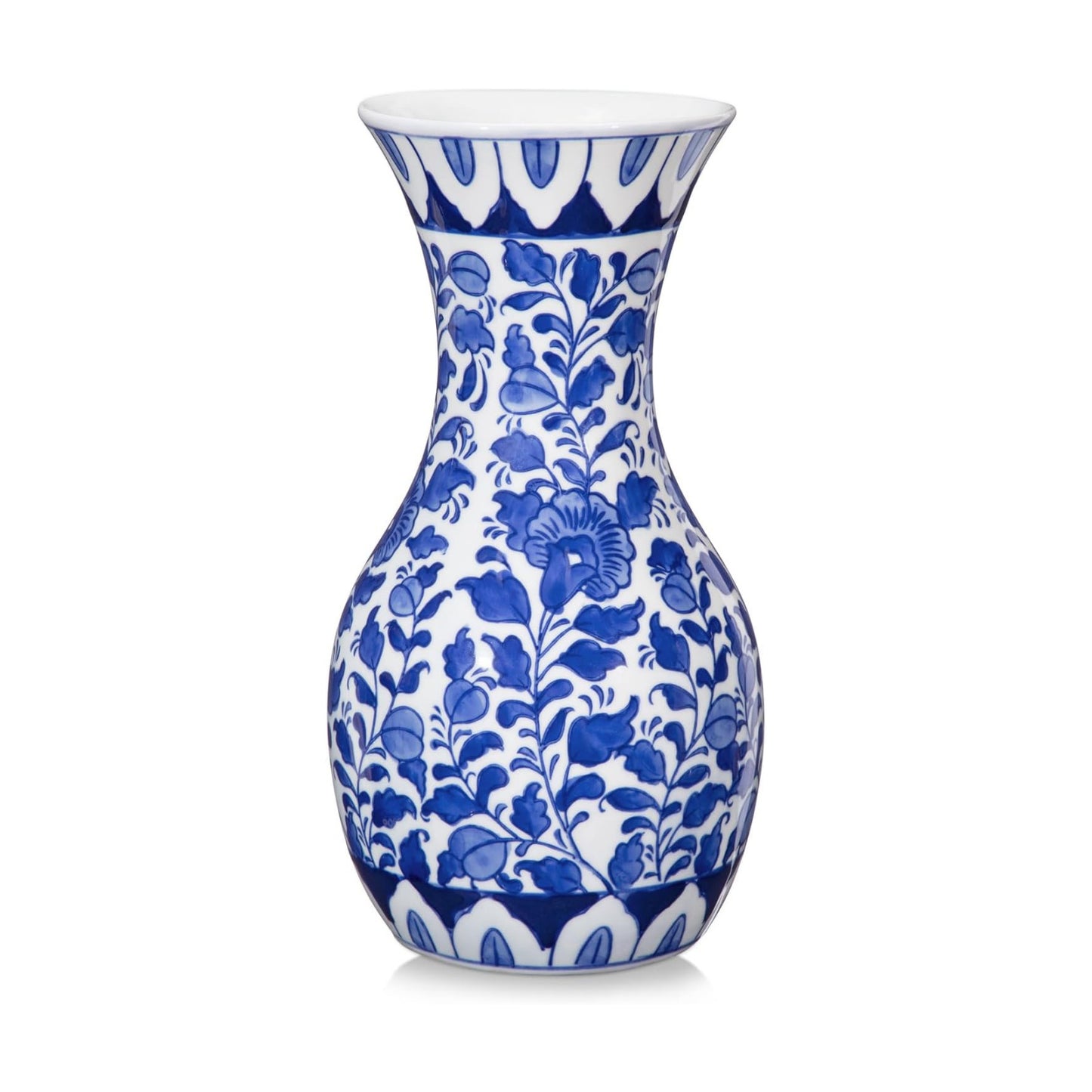 Tall Ceramic Vase in Wide Mouth Floral Pattern / # Small Floral Texture / Blue / 11 Inch