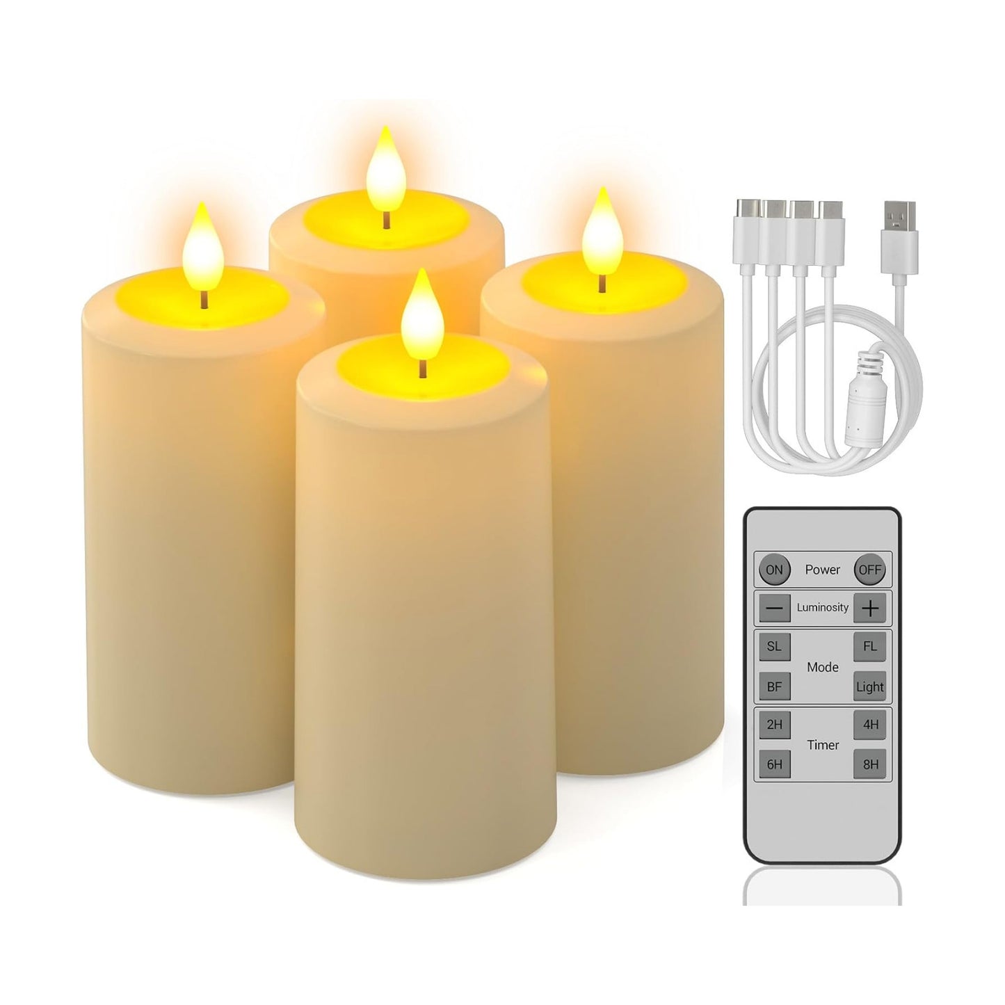 PChero Rechargeable Flameless Pillar Candles with Remote, 4 Pcs, 5.1"x2.7" | Outdoor Candles with Timer Waterproof, Up