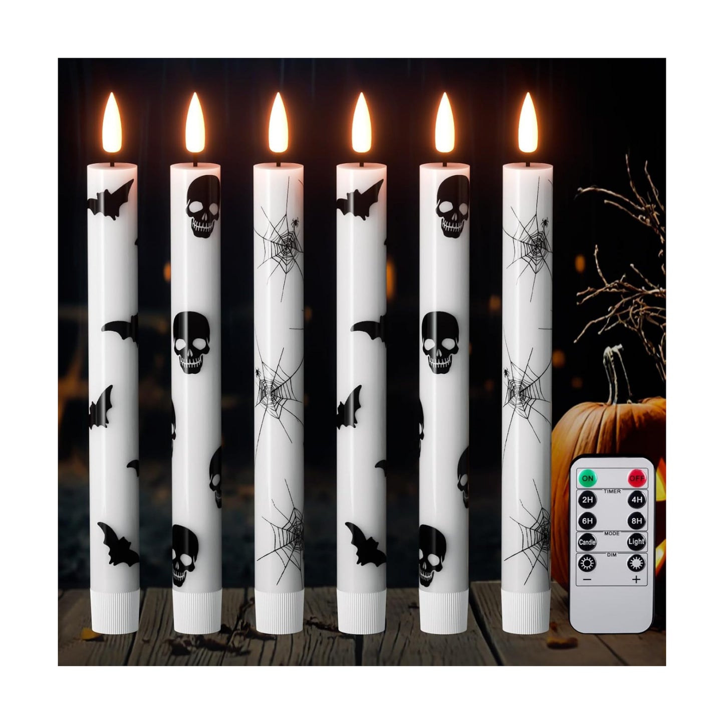 GenSwin Halloween Flameless Taper Candle Spider Web/Skull/Bats Remote Timer | Real Wax, Halloween Party Home Decor