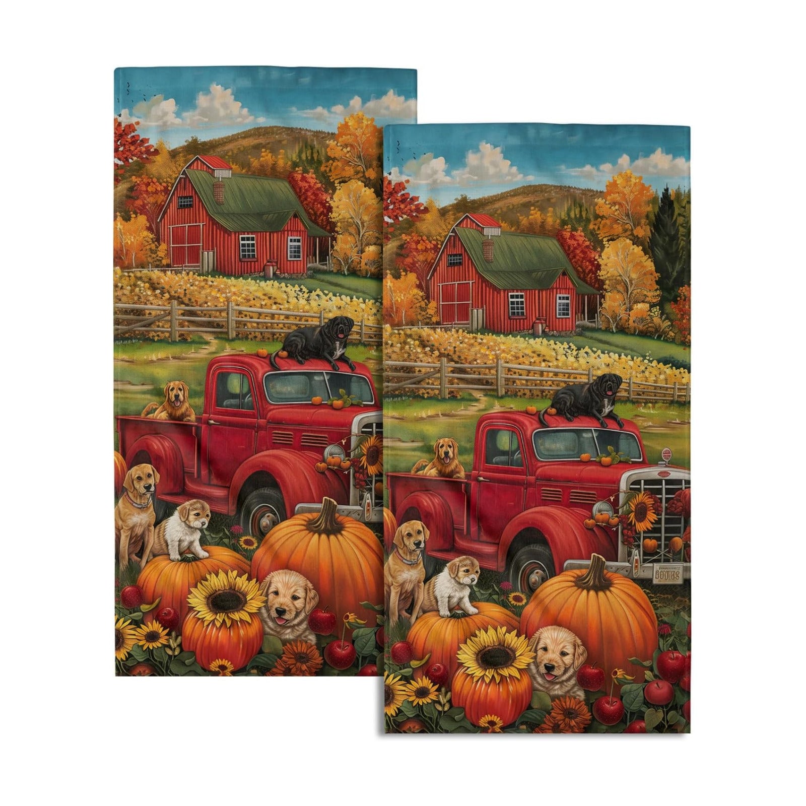 Giwawa Fall Farm Dogs Hand Towels Set of 2 Red Truck Decorative Dish Towel Soft Absorbent Seasonal Bath Towels for