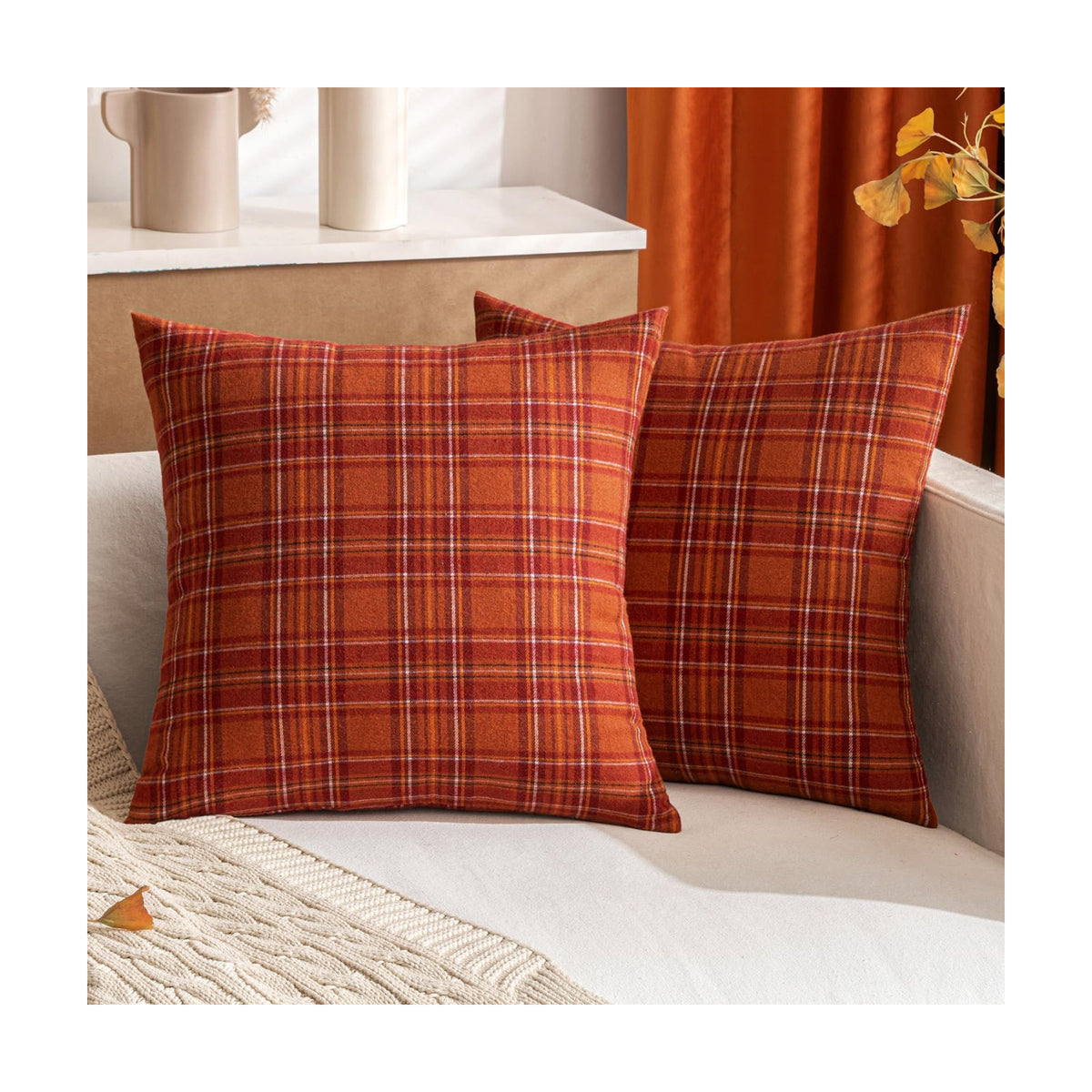 MIULEE Fall Plaid Pillow Covers Scottish Tartan 16x16 Burnt Orange