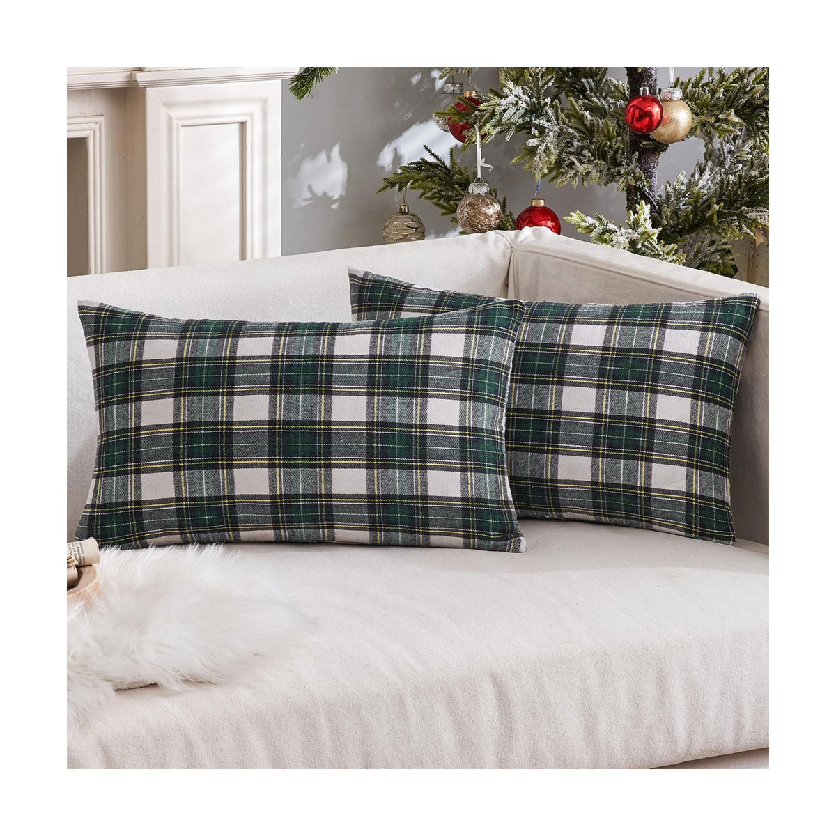 MIULEE Christmas Plaid Pillow Covers Scottish Tartan 12x20 Green and White