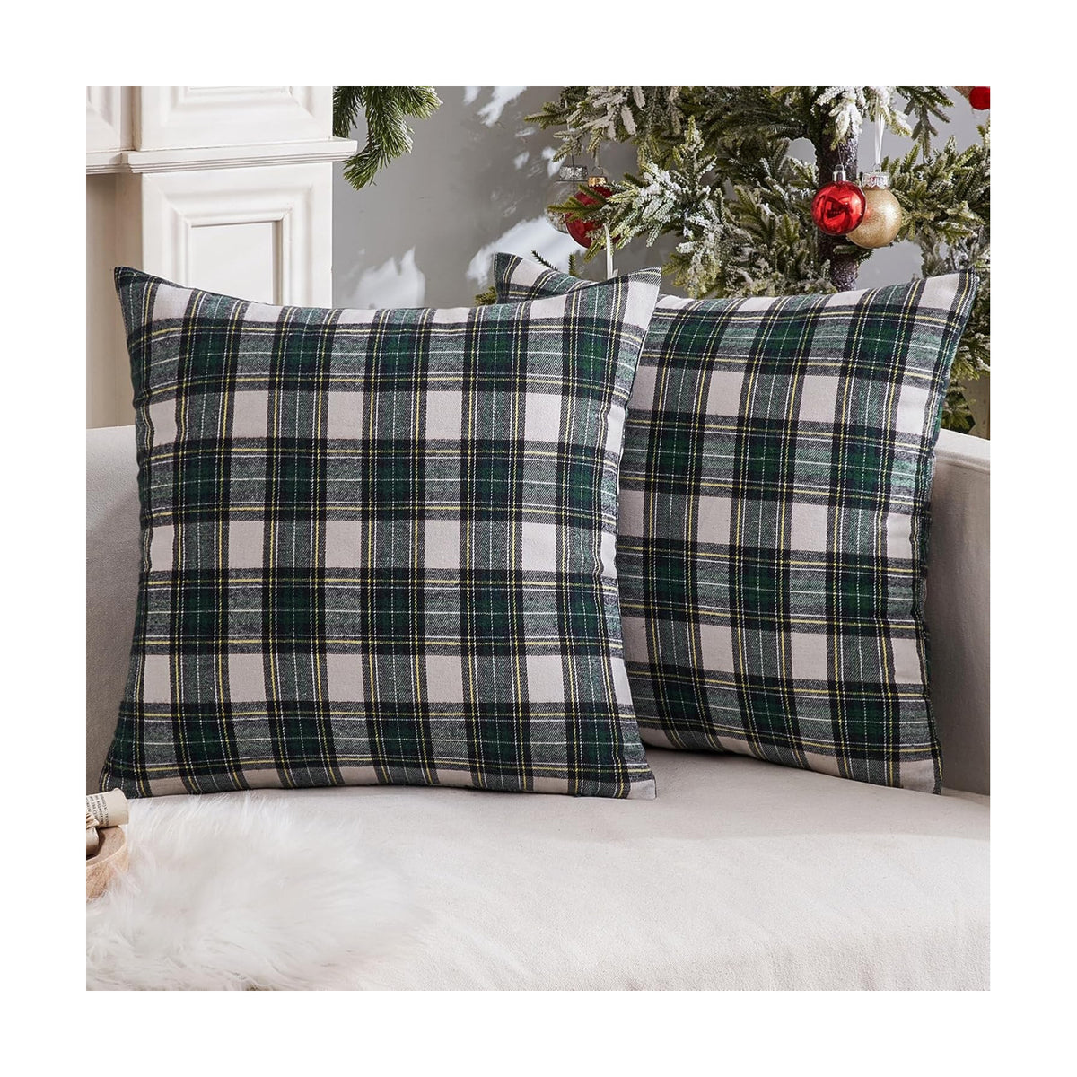 MIULEE Christmas Plaid Pillow Covers Scottish Tartan 18x18 Green and White