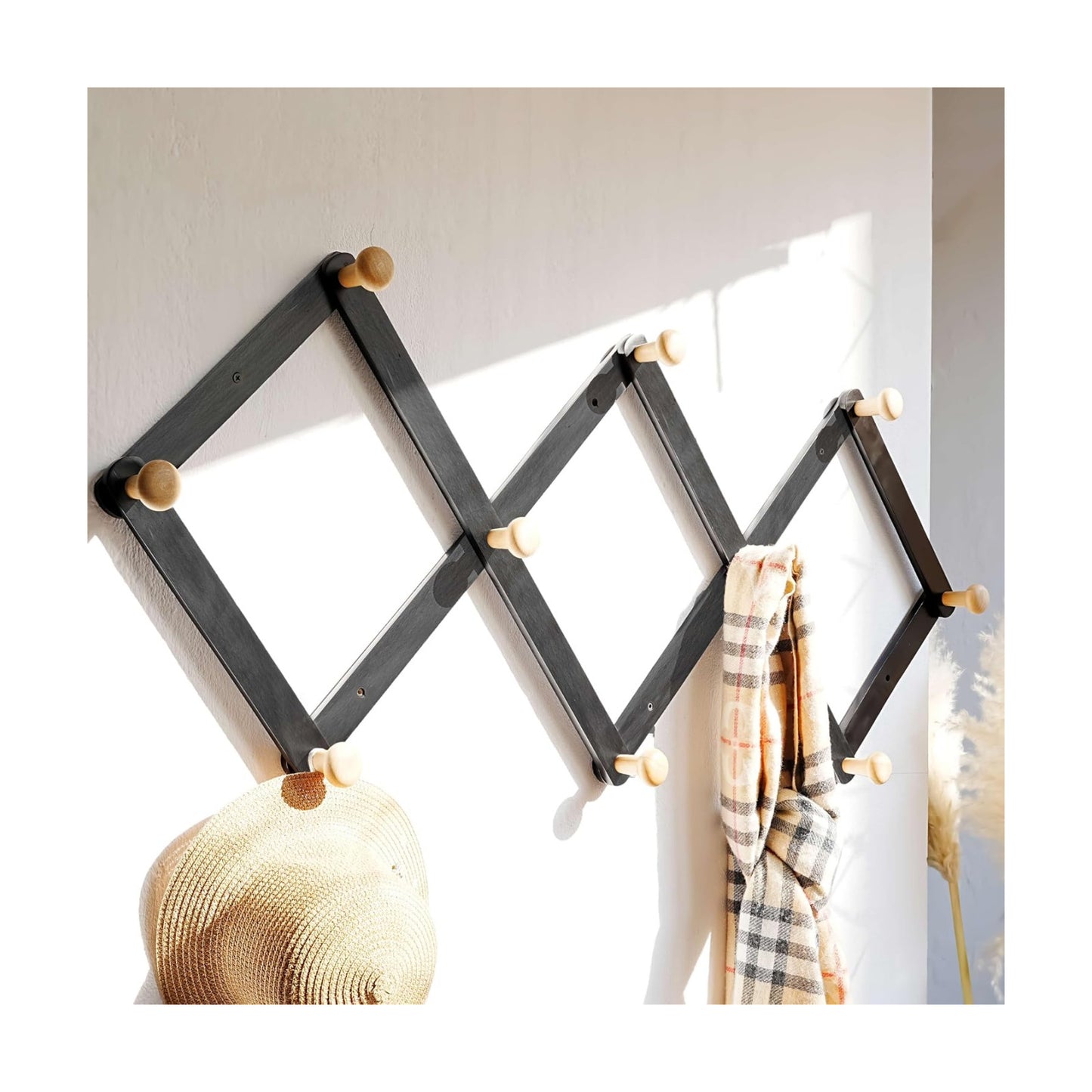 Expandable Coat Rack (Larger Version) - 24” High, Anti-Slip, Ultra Heavy Duty Wooden Accordian Wall Hanger with 10
