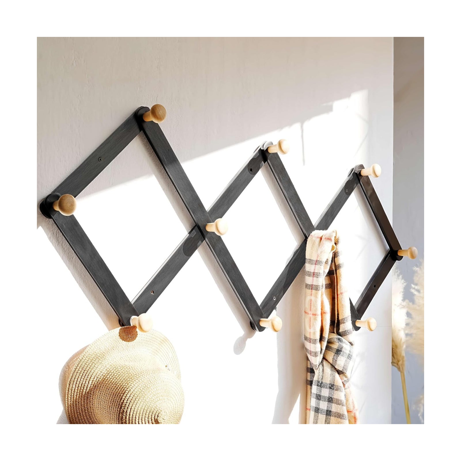 Expandable Coat Rack (Larger Version) - 24” High, Anti-Slip, Ultra Heavy Duty Wooden Accordian Wall Hanger with 10