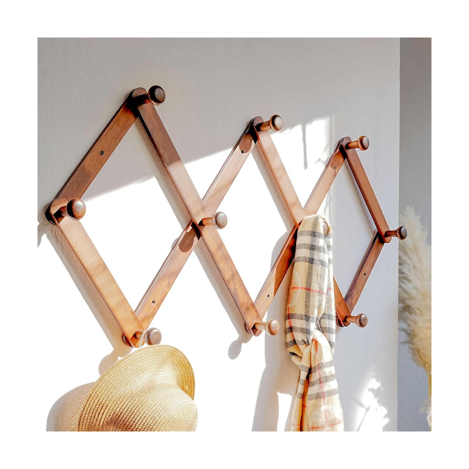Expandable Coat Rack (Larger Version) - 24” High, Anti-Slip, Ultra Heavy Duty Wooden Accordian Wall Hanger with 10