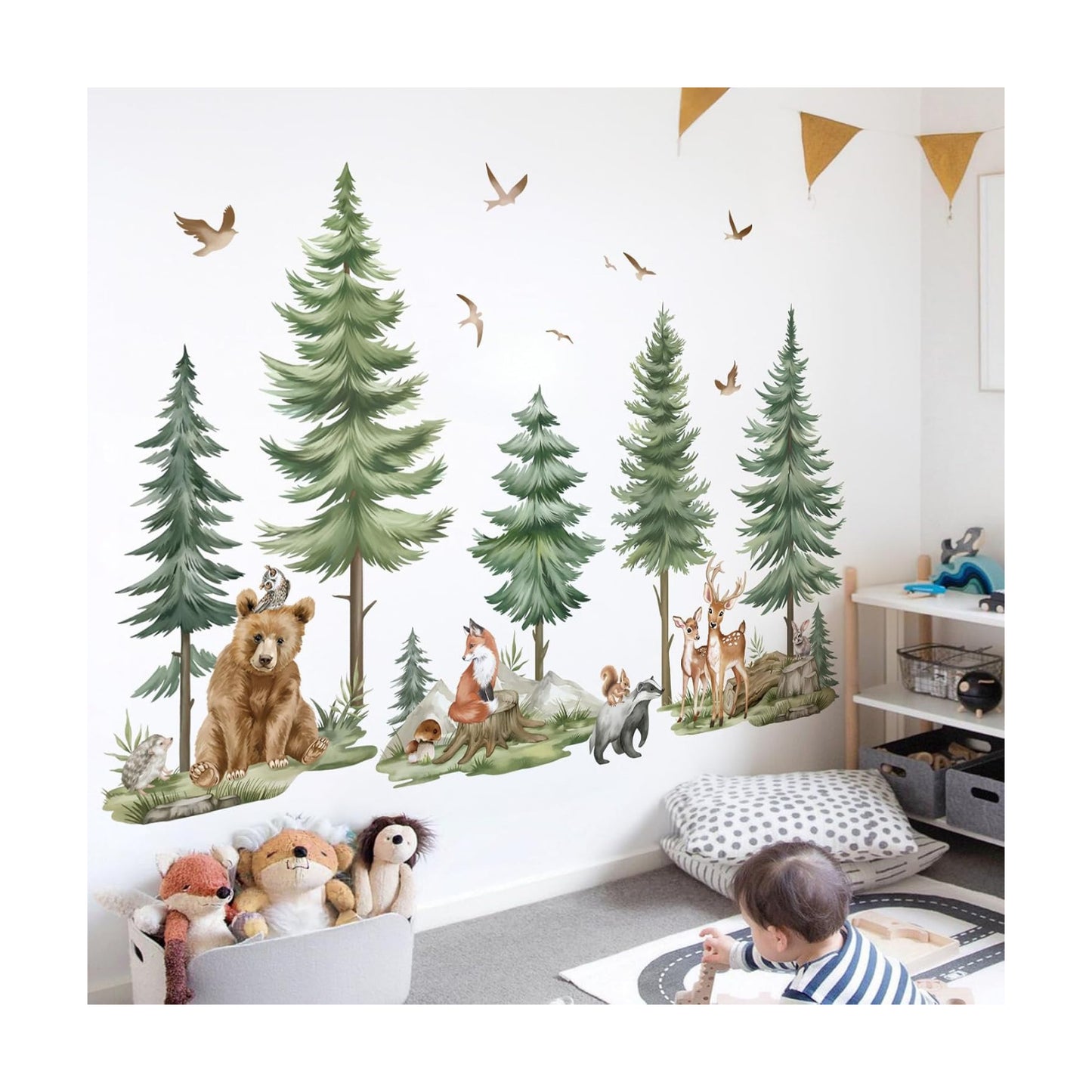 Mountain Tree Wall Stickers Large Pine Tree Forest Animals Bear Deer Peel and Stick Wall Art Decals