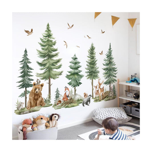 Mountain Tree Wall Stickers Large Pine Tree Forest Animals Bear Deer Peel and Stick Wall Art Decals