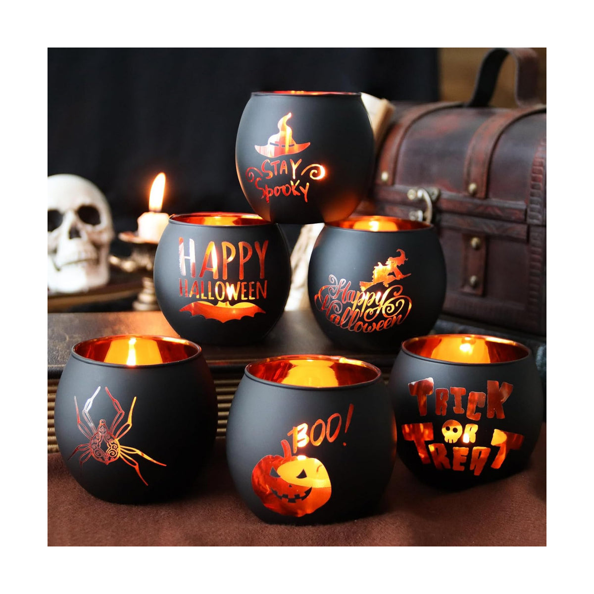 WDHODEC Halloween Candle Holders 6 Pieces Black Glass Votive Candle Holder for Halloween Wedding, Party, Table Centerpiece Décor Halloween Decorations Indoor and Outdoor