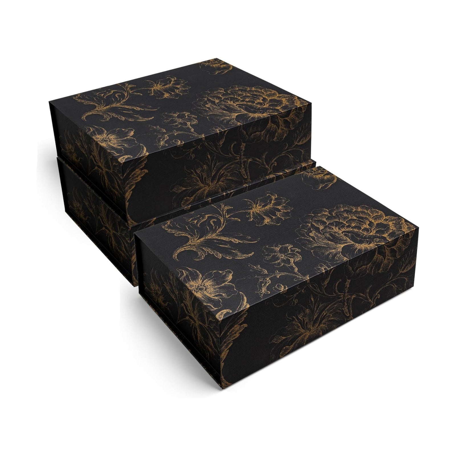 Gold Floral Decorative Boxes / 11.5 x 7.5 x 3.5 / Golden Bouquet / Black / Set of 3