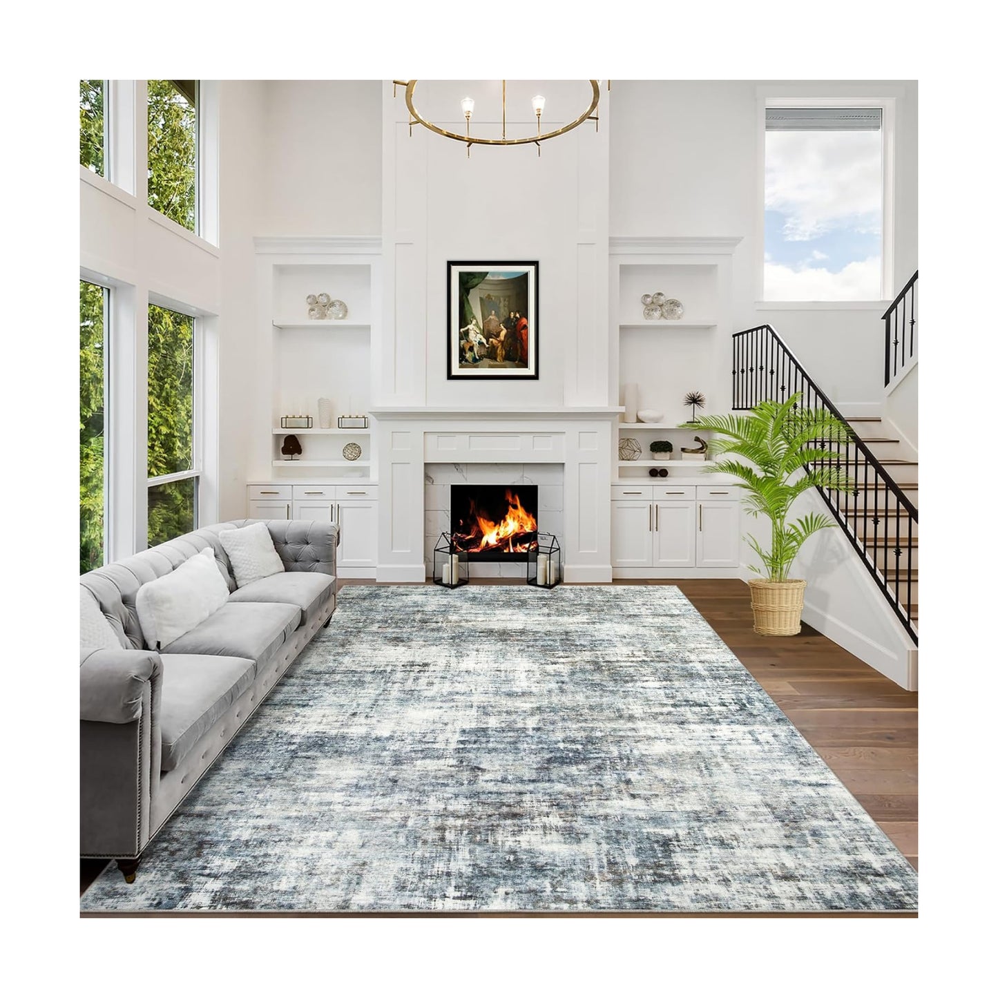 10x14 Area Rugs for Living Room: Washable Abstract Blue Multi Carpet
