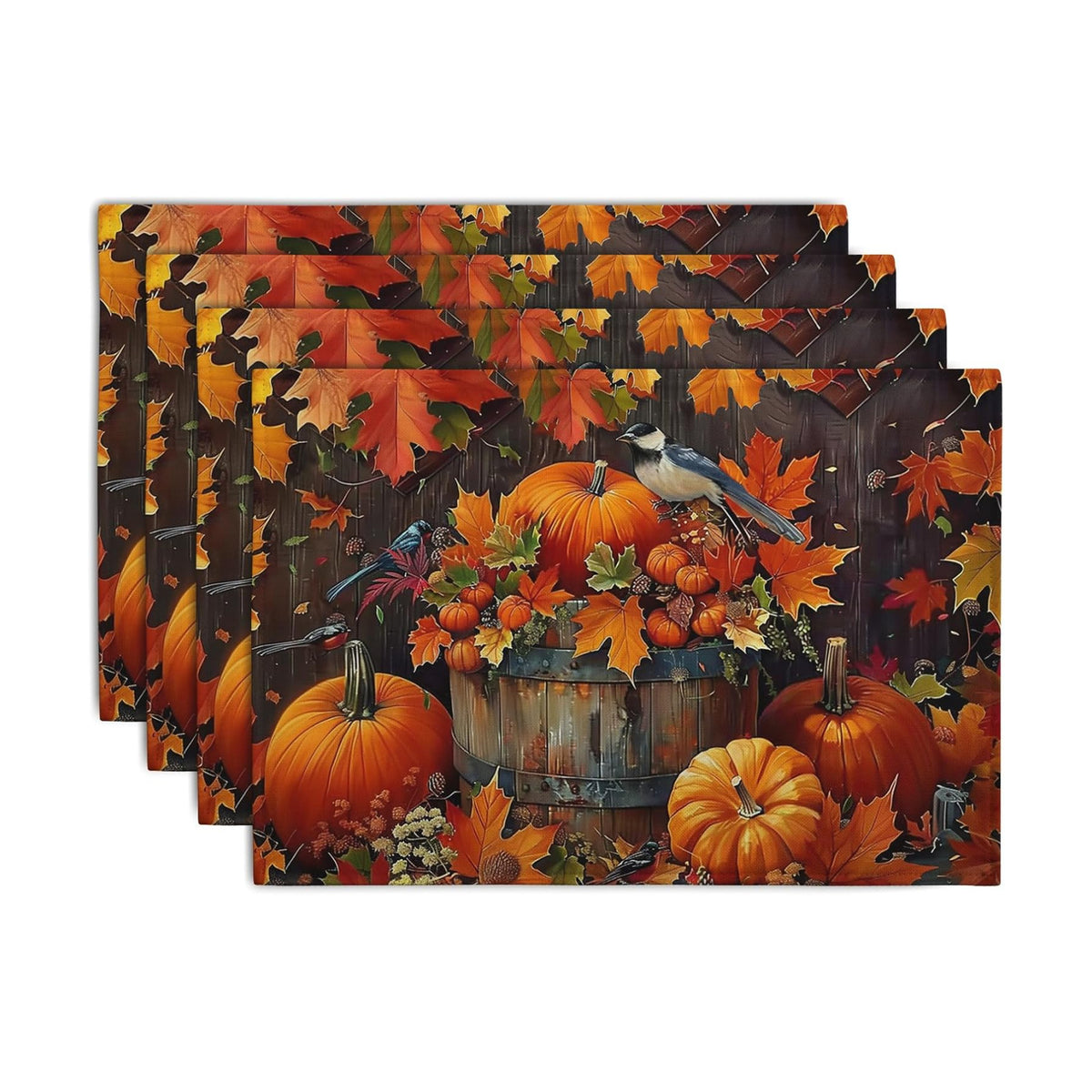 Pumpkin Maple Leaf Bird Fall Placemats Set of 4 Autumn Thanksgiving Seasonal Holiday Harvest Linen Table Mats Orange Brown Washable Place Mats for Party Kitchen Dining Outdoor Indoor Decor