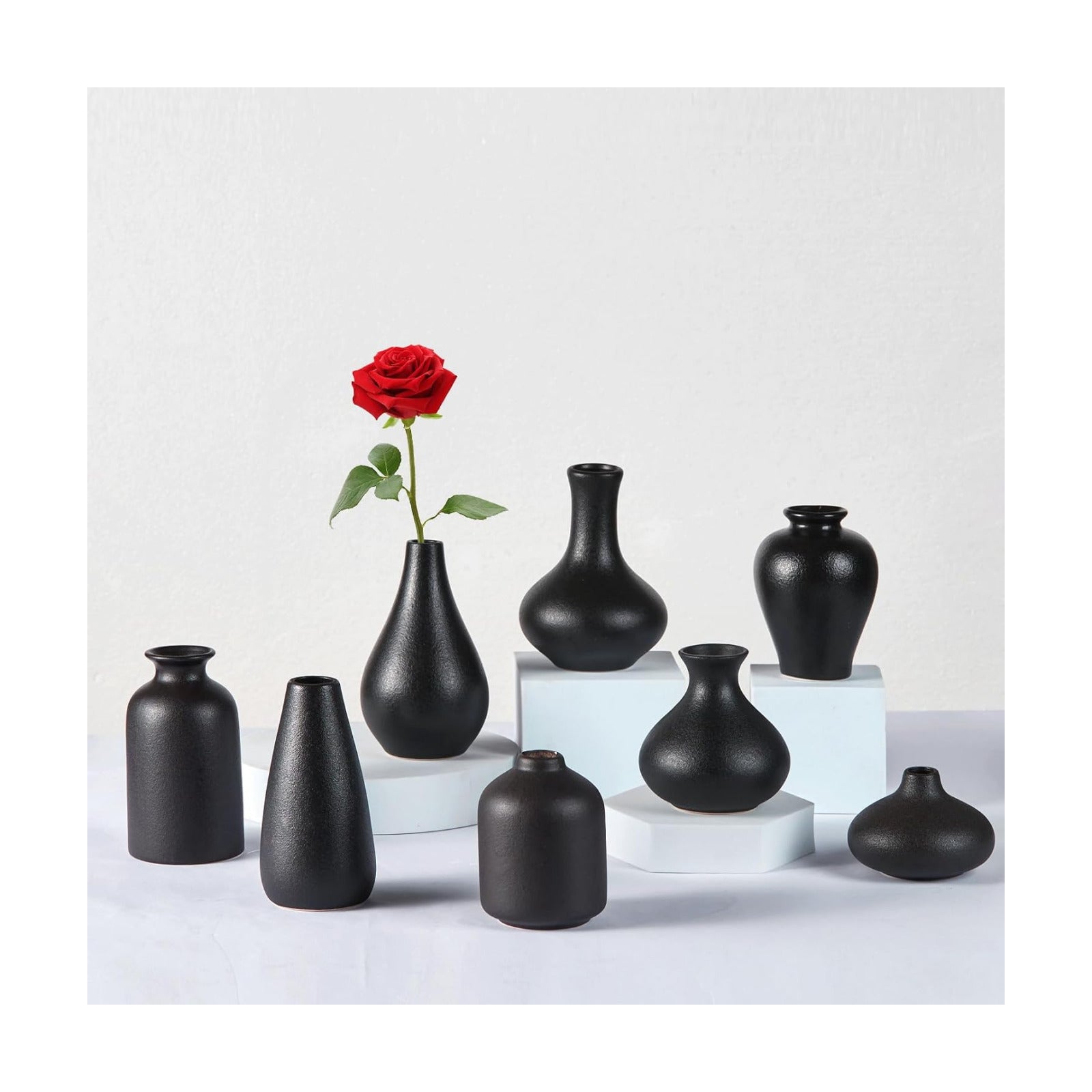 Mini Ceramic Bud Vases for Flowers / Black / Set of 8