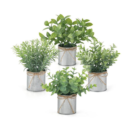 4 Packs Small Fake Plants in Farmhouse Galvanized Pots Table Centerpiece Mini / Grey / Mini-6"h