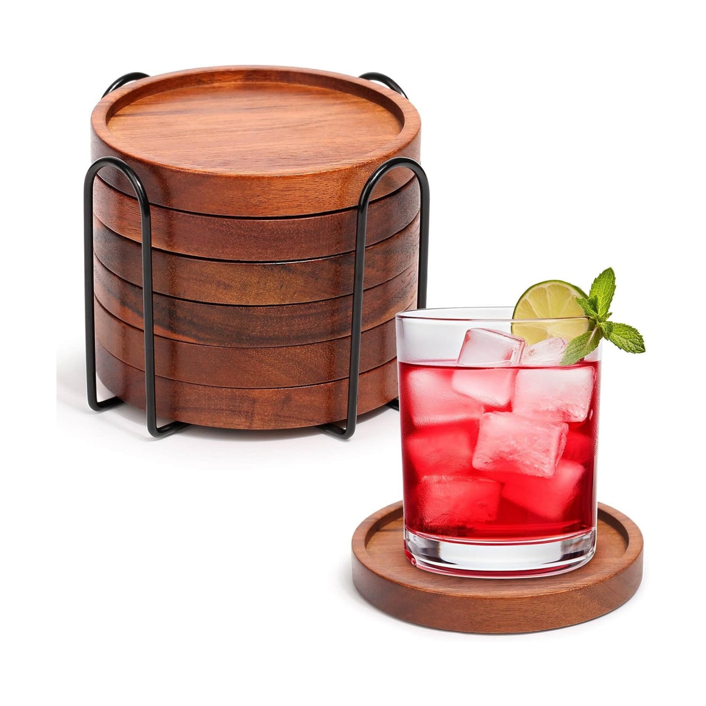 Holder / Acacia Wood Drink Coasters for Farmhouse / Set of 6