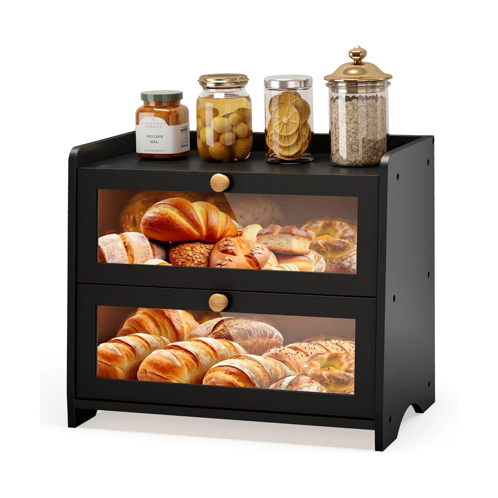 Double Layer Bread Box Container for Kitchen Countertop Homemade Bread | Large Breadbox Storage Wooden Farmhouse Bread