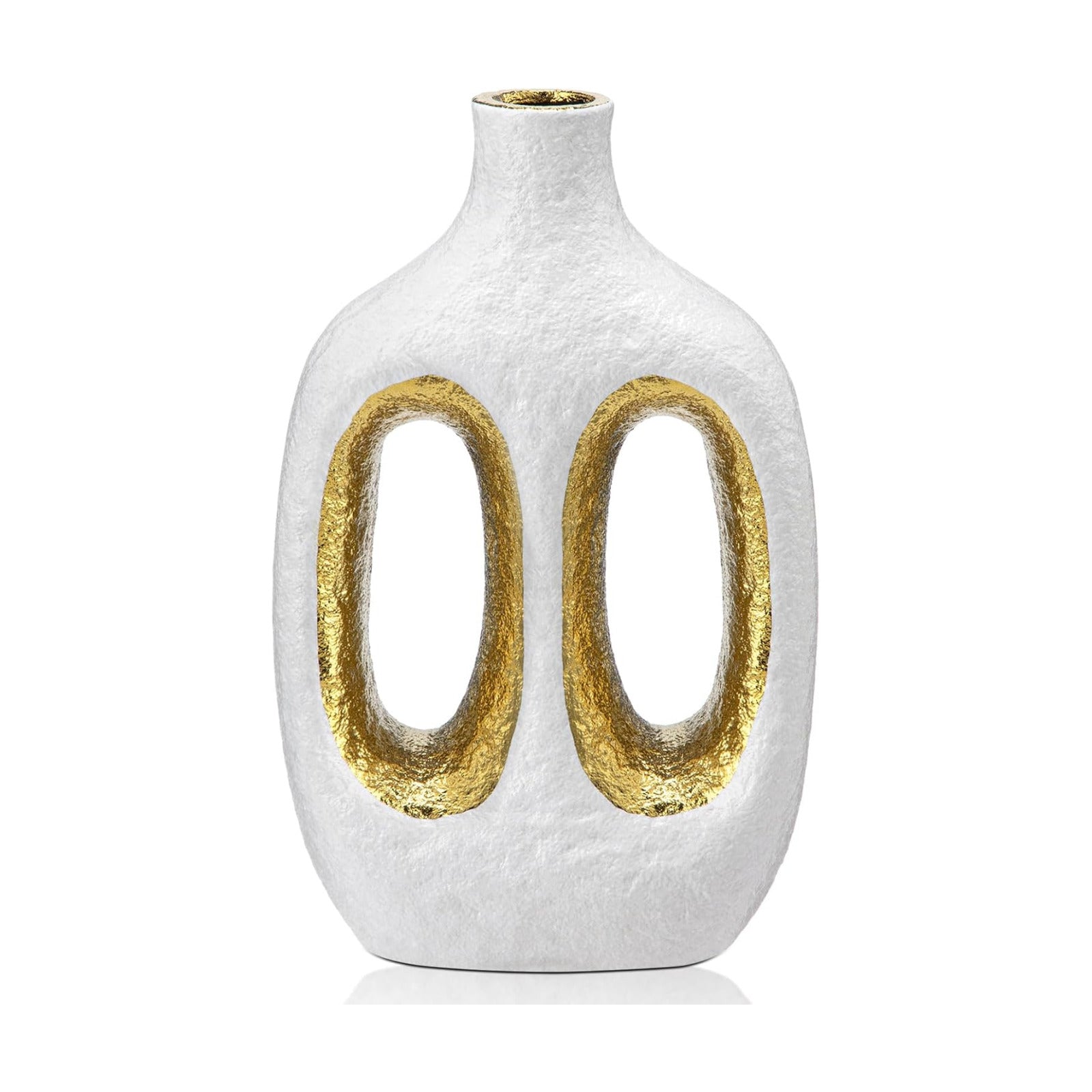 Modern Ceramic Vase Black Vases for Centerpieces Shelf / Double Hole / White + Gold / 9.4 Inch