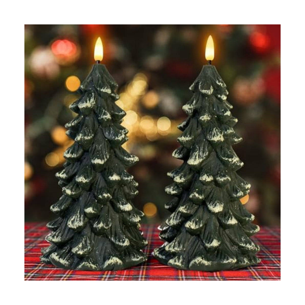 Christmas Tree Shaped Flickering Flameless Candles, Green Real Wax Battery Operated LED Candles with Timer for Christmas Home Party Decoration Christmas Gift Set of 2