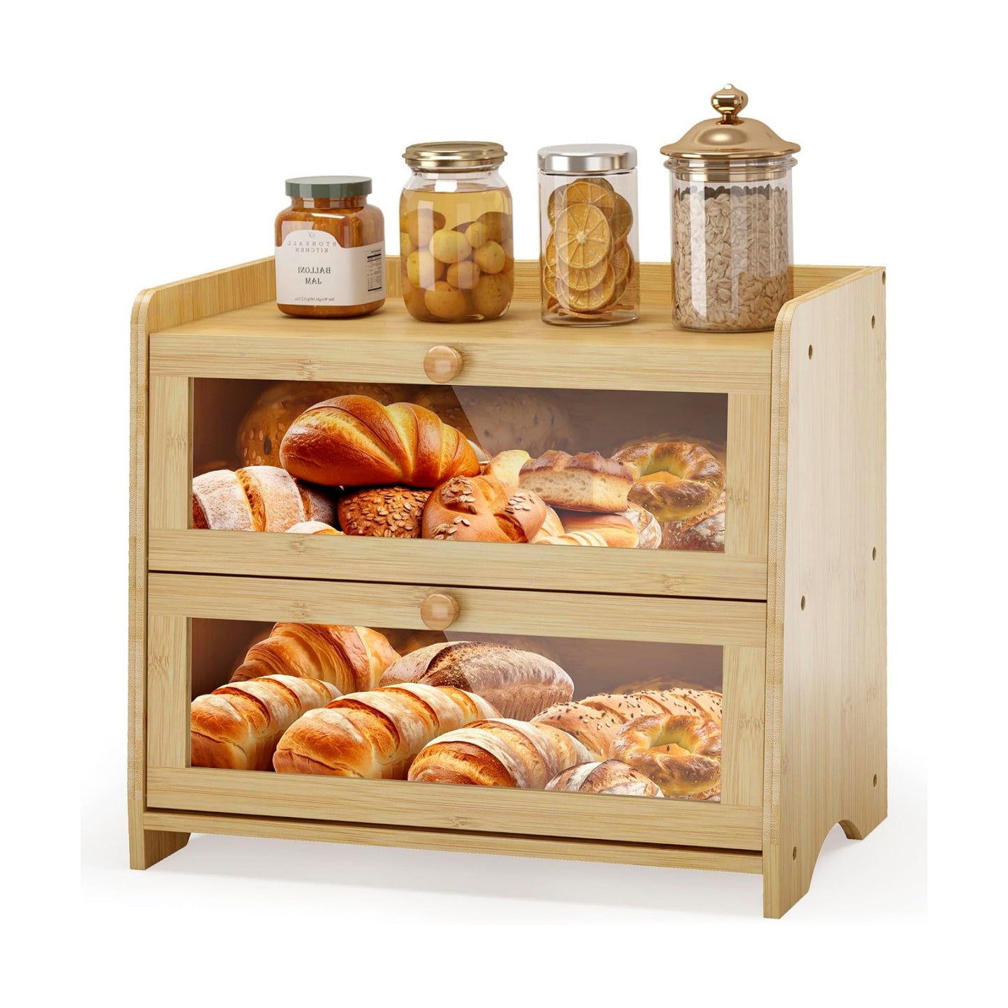 Double Layer Bread Box Container for Kitchen Countertop Homemade Bread | Large Breadbox Storage Wooden Farmhouse Bread