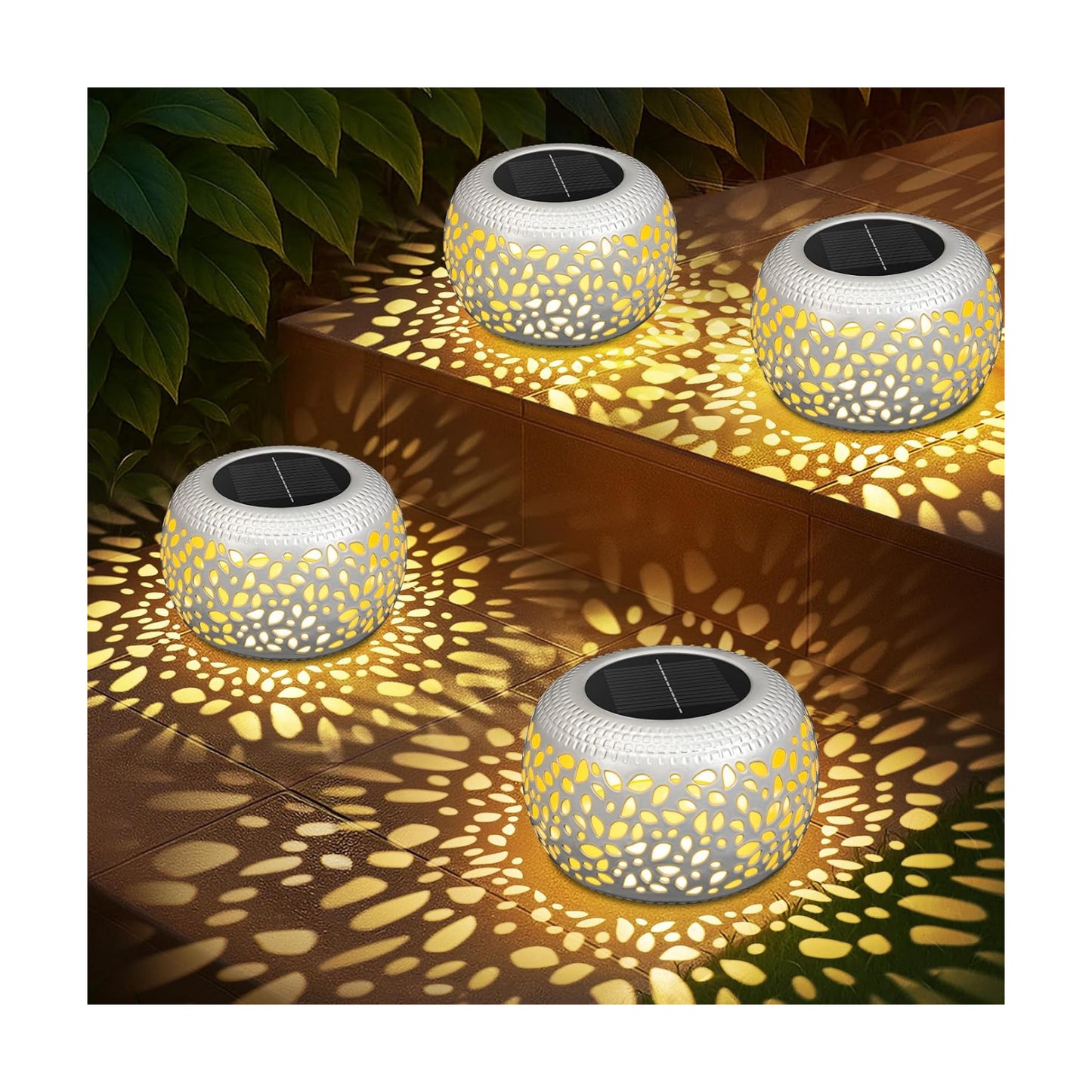 Solar Lanterns Outdoor Waterproof: 4 Pack White Hollow Out Solar Lights | 2 Lighting Colors, IP65 Auto On/Off, Metal