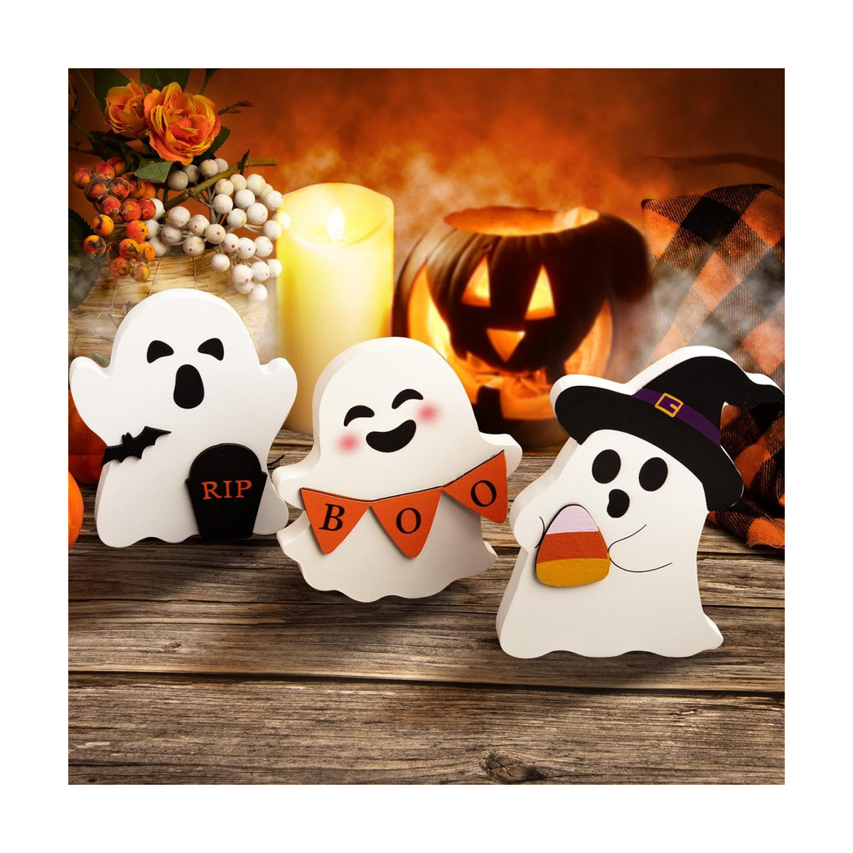 COCHIE 3 Cute Ghost Halloween Decorations Indoor Set Ghosts Table Sign