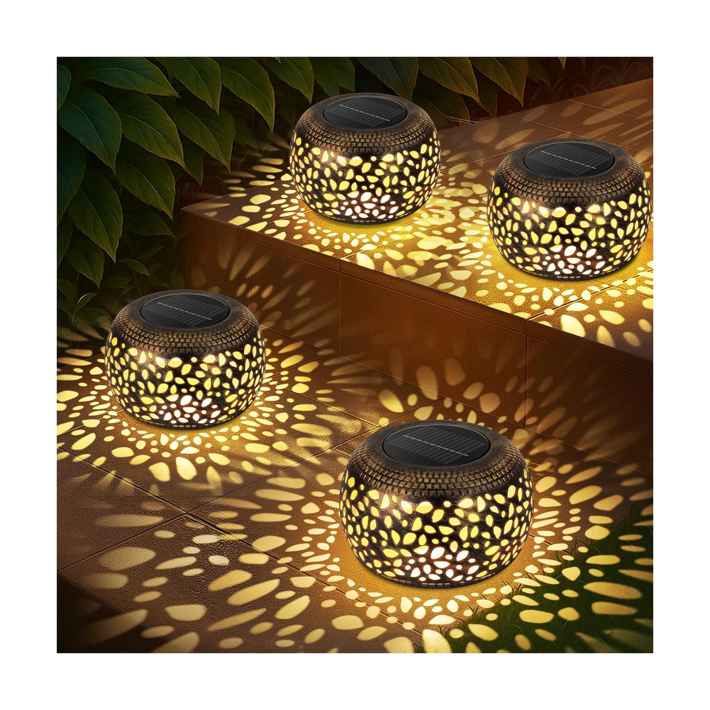Outdoor Solar Lanterns Patio Decor: 4 Pack Bronze Waterproof Solar Lights | Hollow Out Retro Metal Garden Lantern, Warm