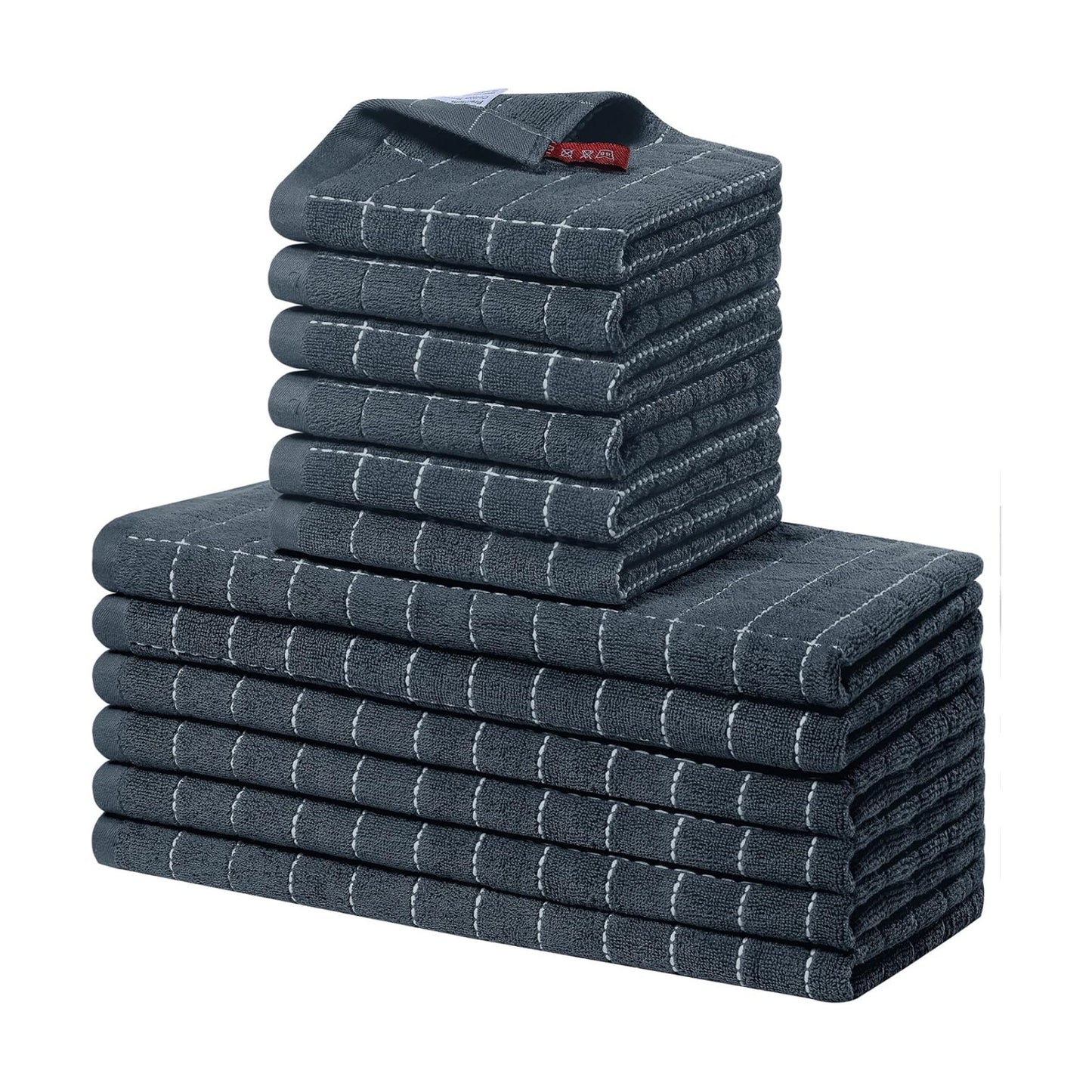 Homaxy Kitchen Towels and Dishcloths Set, Set of 12, Dark Grey | Bulk Cotton Terry Kitchen Towels, Checkered Designed