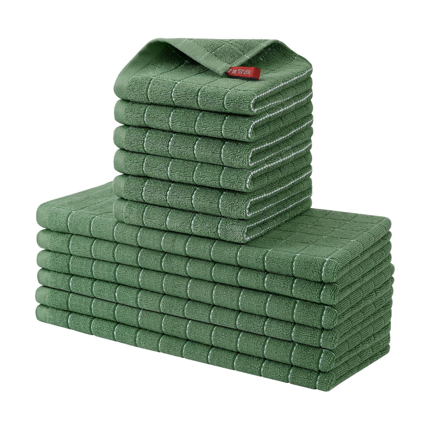 Homaxy Kitchen Towels and Dishcloths Set, Set of 12, Grass Green | Bulk Cotton Terry Kitchen Towels, Checkered