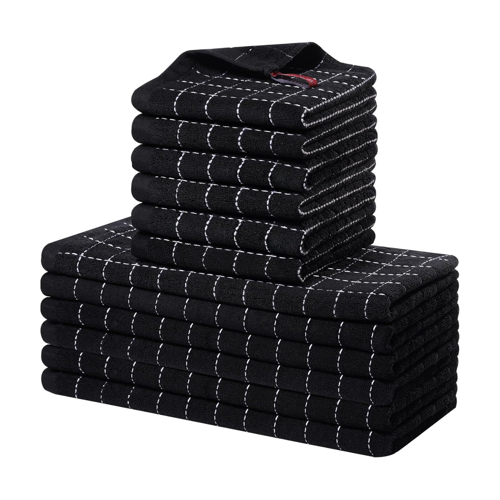 Homaxy Kitchen Towels and Dishcloths Set, Set of 12, Black | Bulk Cotton Terry Kitchen Towels, Checkered Designed, Soft
