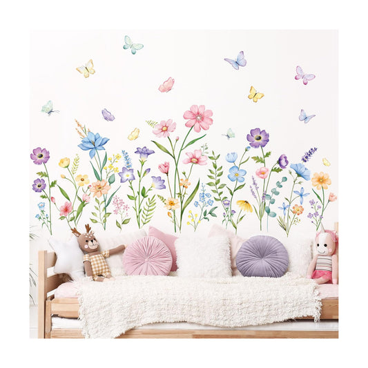 Flower Wall Decals Watercolor Wildflower Grass Butterflies Wall Stickers Peel / Watercolor Flower
