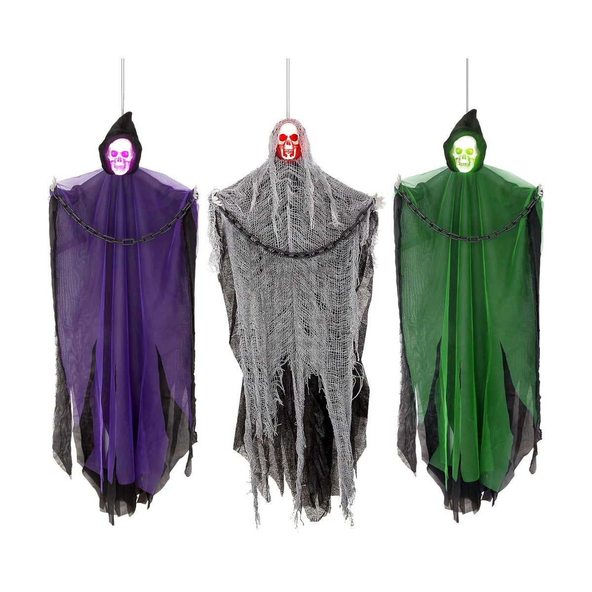 Halloween Hanging Skeleton Ghosts with Glowing Eyes (3 Pack)