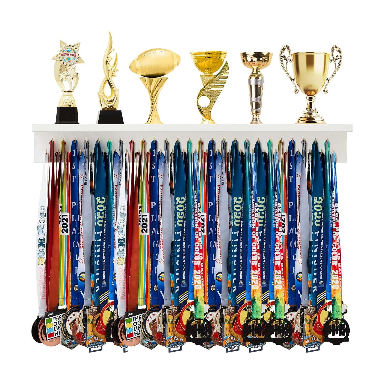 Wooden Medal Hanger Display Trophy Holder Shelf with 25/37/49/65/83 Hooks Wall Mount Ribbon Holder Gift for Gymnastics