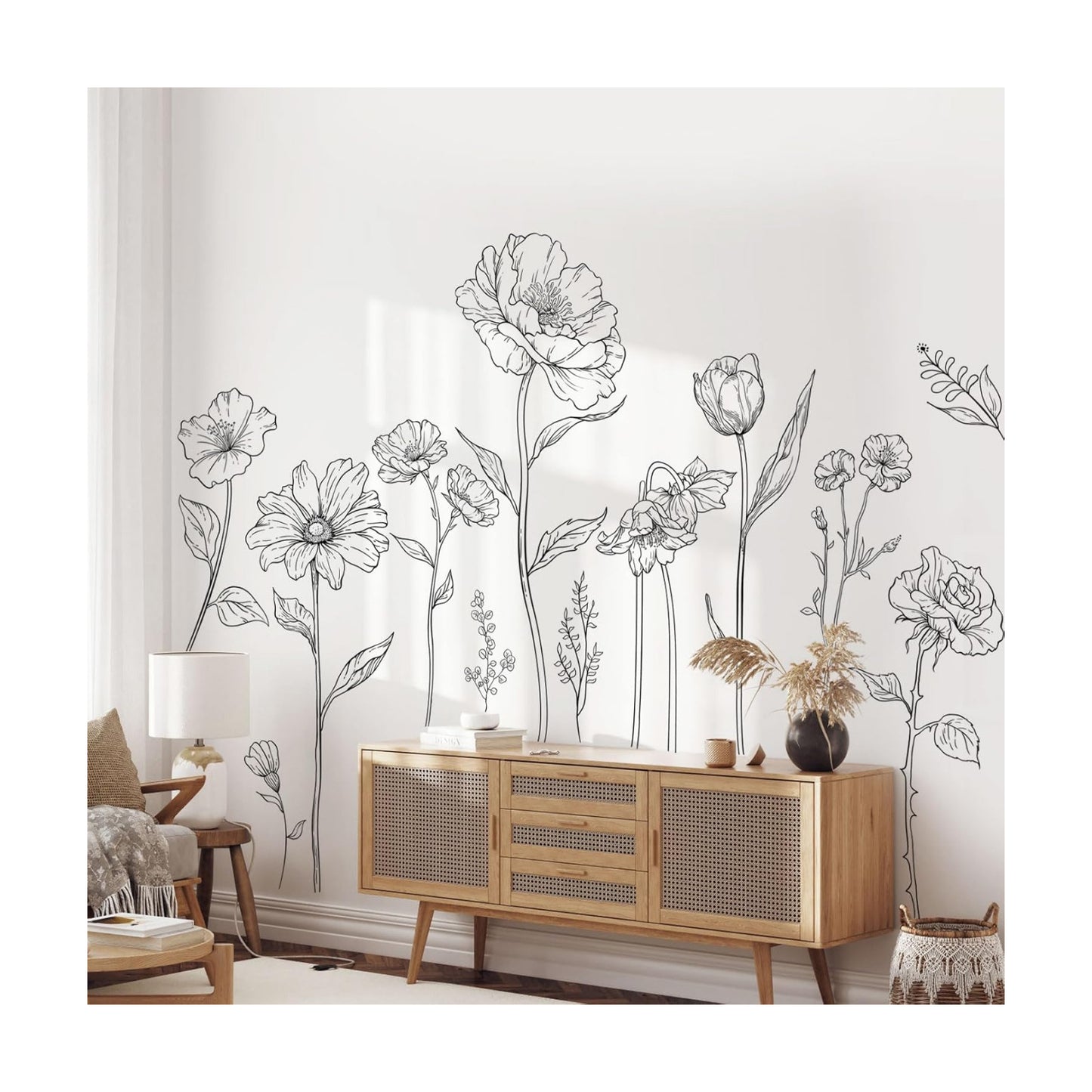Large Boho Flower Wall Decals / Large Peony Flower Set / Black