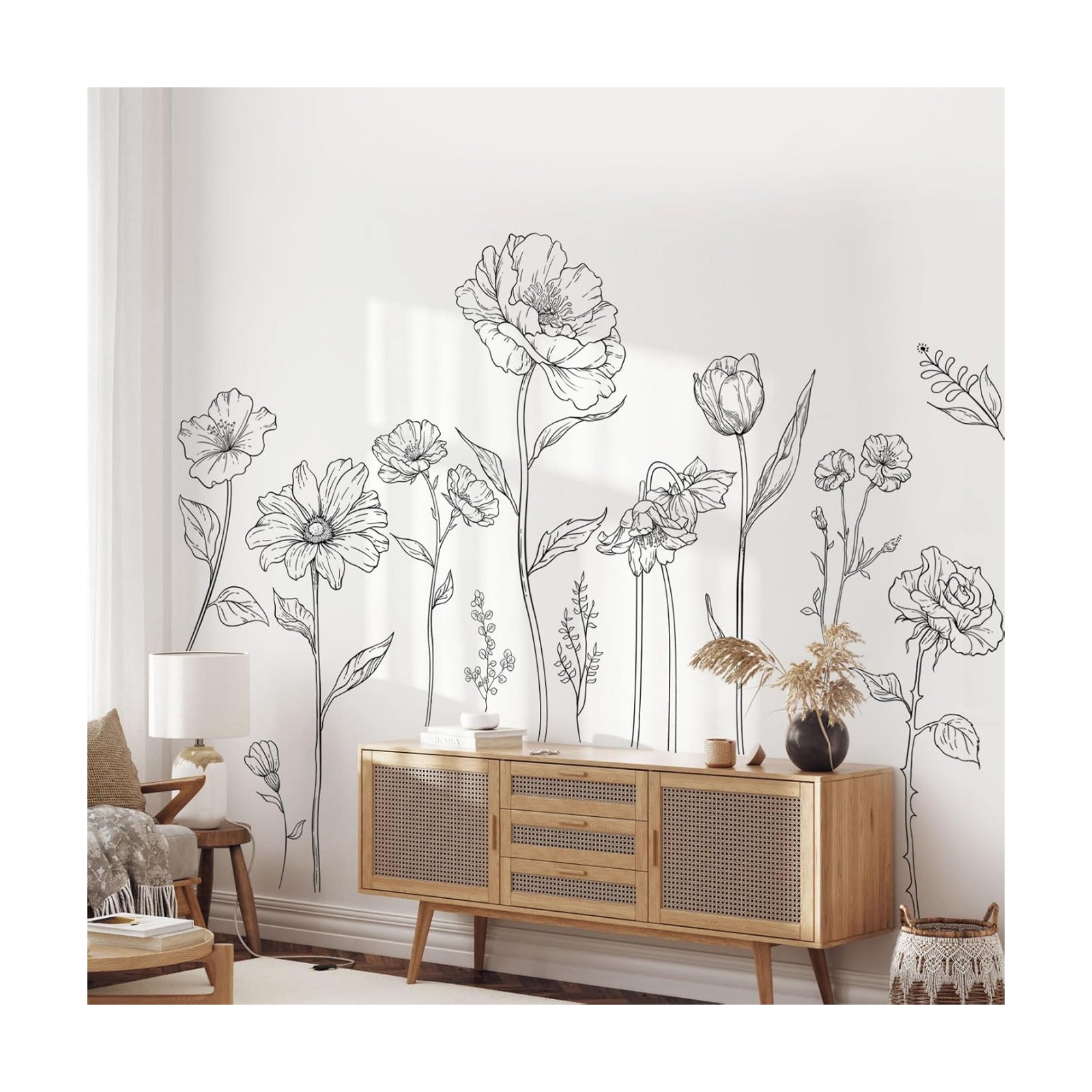 Large Boho Flower Wall Decals / Large Peony Flower Set / Black