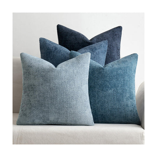 Couch Throw Pillow Covers Soft Decorative Chenille Pillow Covers / 18 x 18 / Neutral Blue / Set of 4