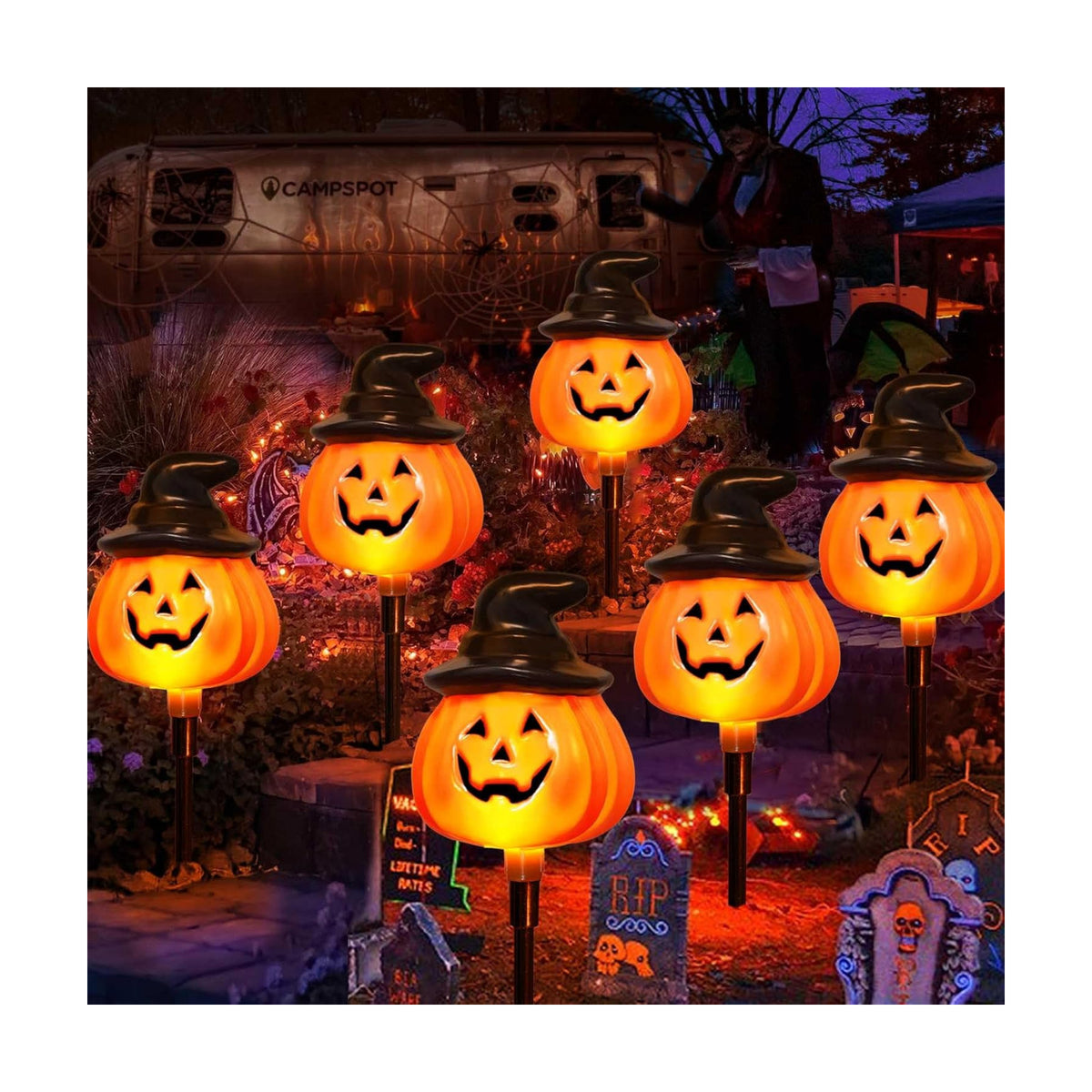 6 Pack Solar Jack O Lantern Stake String Lights - Orange Halloween Pathway Decor for Outdoor Halloween Yard Display