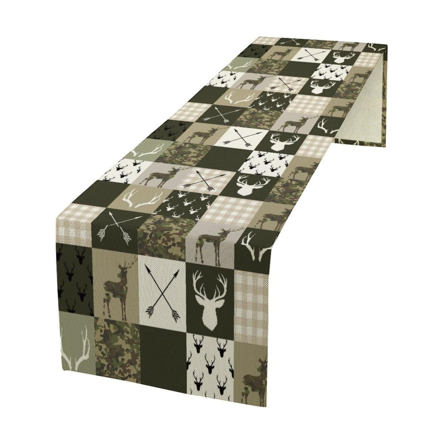 Farmhouse Moose Deer Bear Table Runner,Camouflage Vintage Bear Cottage Country Style Pattern Printed Linen Table Runner