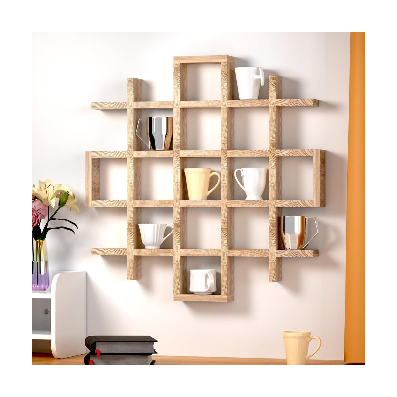 Suzile Mug Display Shelf Wall Mounted,Grid Size 5.1x5.1x3in,Wood Color | Rustic Wood Floating Shadow Box for Coffee