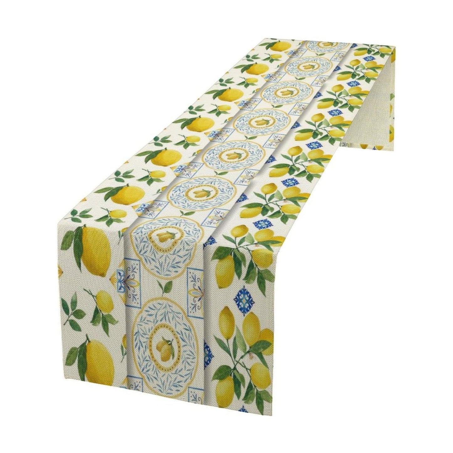 Lemon Table Runner,Summer Blue Tiles Lemons Pattern Printed Linen Table Runner for Home Kitchen Dining Table