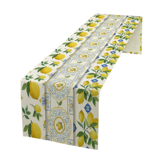 Lemon Table Runner,Summer Blue Tiles Lemons Pattern Printed Linen Table Runner for Home Kitchen Dining Table