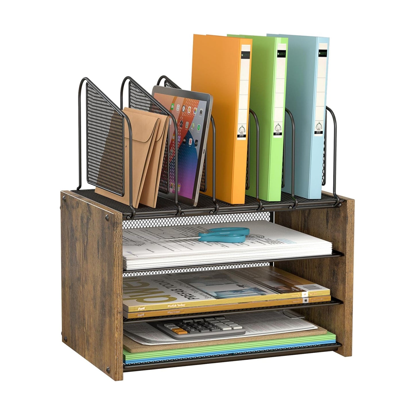 4-Tier Desk Organizer, Desk File Organizer with 5 Vertical File Holders, Office Desktop Organizer with 3 Level Paper