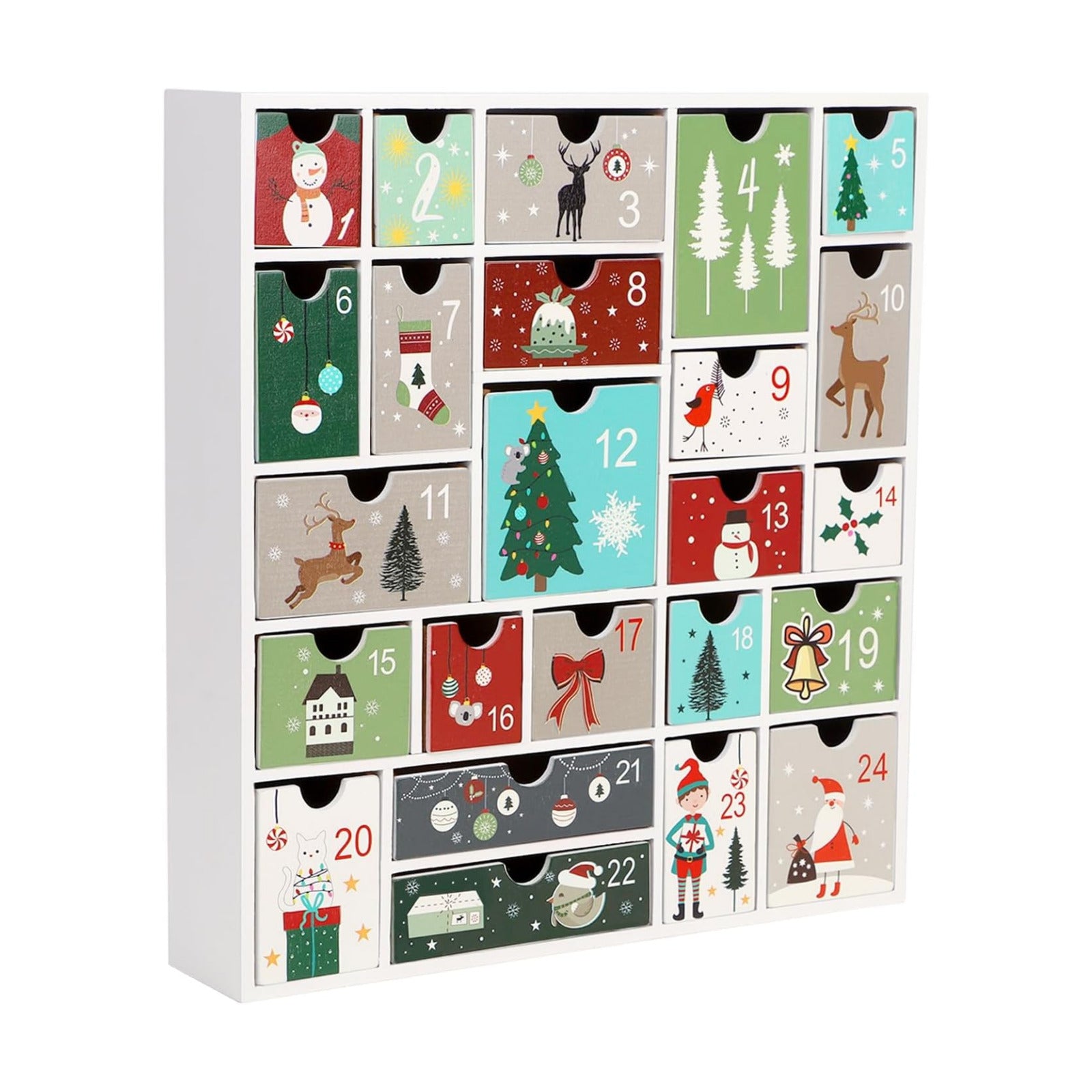 Wooden Christmas Advent Calendar with 24 Drawers, Countdown to Christmas, Refillable Wooden Advent, White