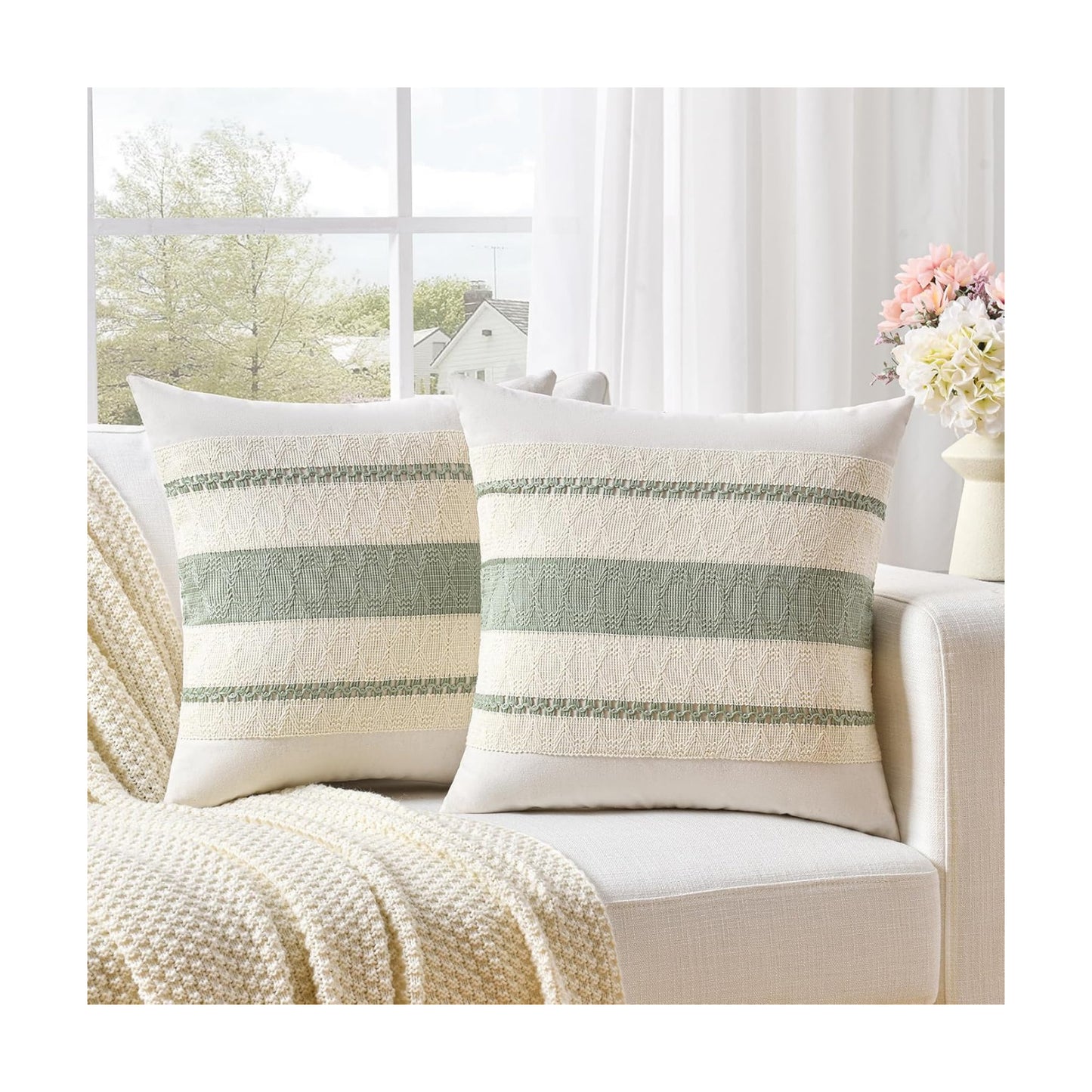 Boho Decorative Throw Pillow Covers / 18 x 18 / Sage Green / Set of 2