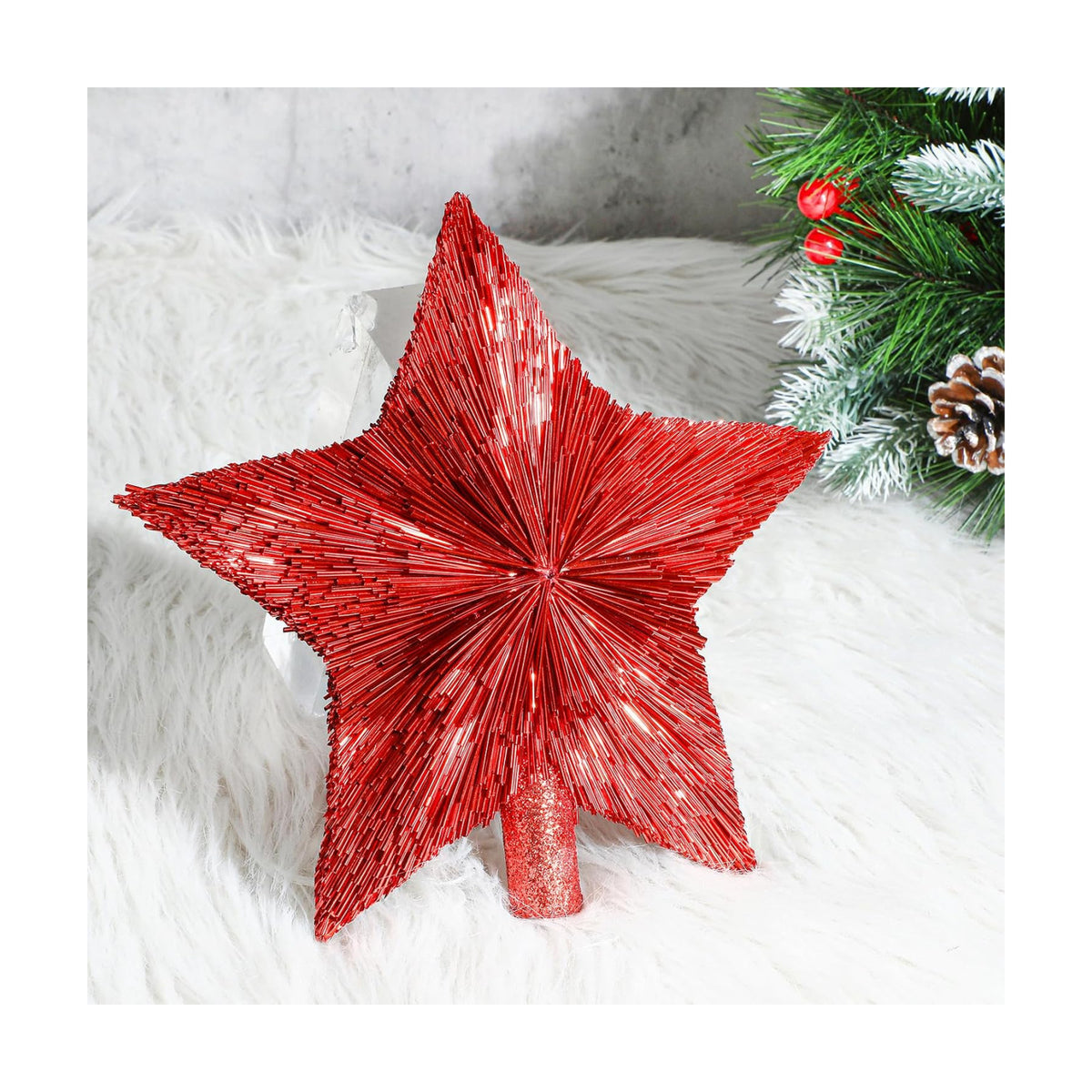 Threehoney 8.3 Inch Christmas Star Tree Topper Glitter Decor,Red