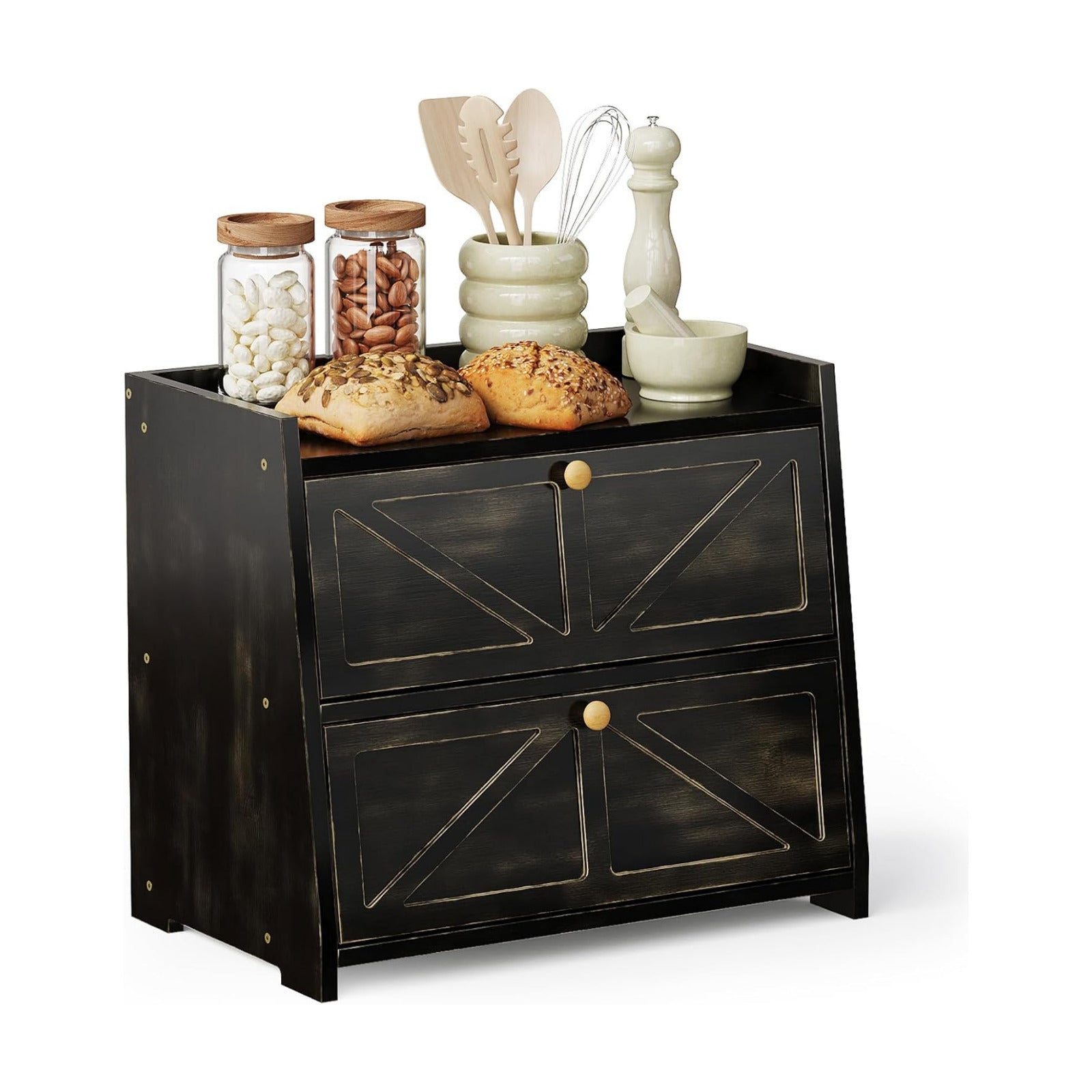 Trironsun Vintage Double Layer Bread Box for Kitchen Counter Bamboo Bread Storage Container Large Capacity Bread
