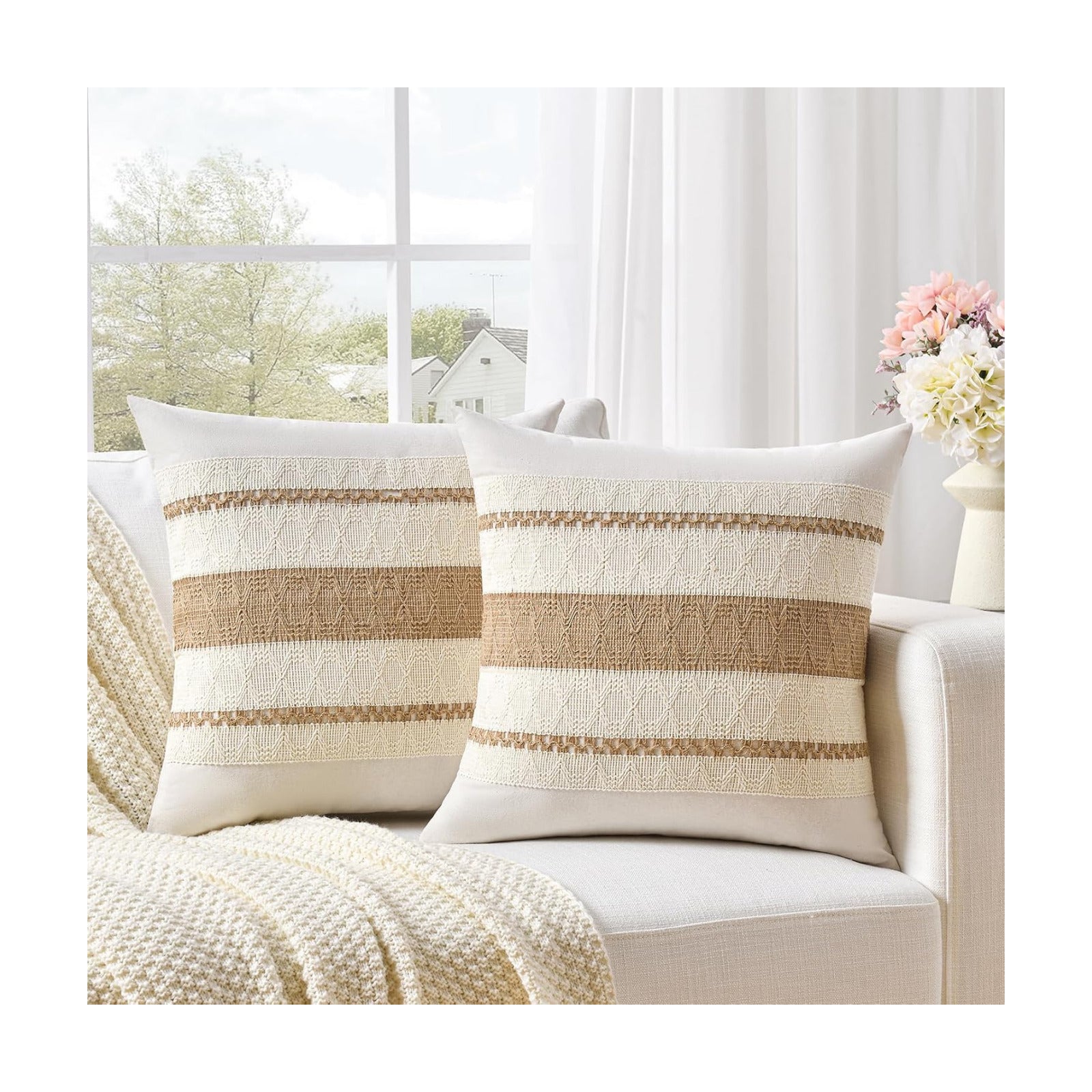 Boho Decorative Throw Pillow Cover / 18 x 18 / Neutral / Set of 2