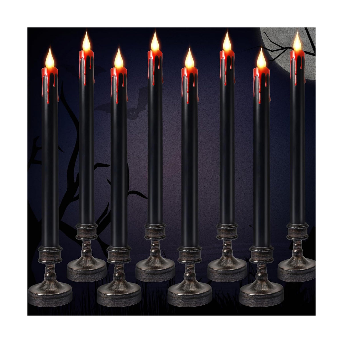 8 Pack Black Halloween Candles,Flameless Bleeding Taper Candles with Base
